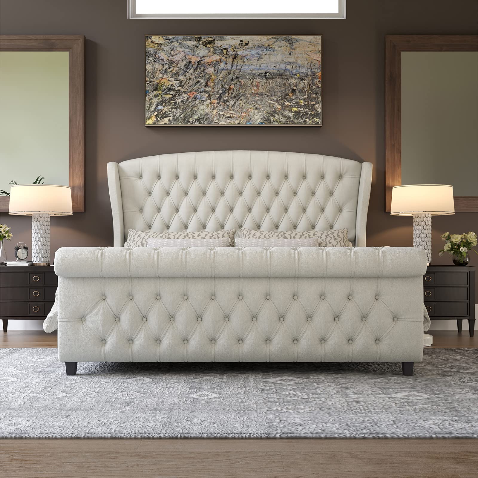 Queen Size Platform Bed Frame, Chenille Upholstered Sleigh Bed