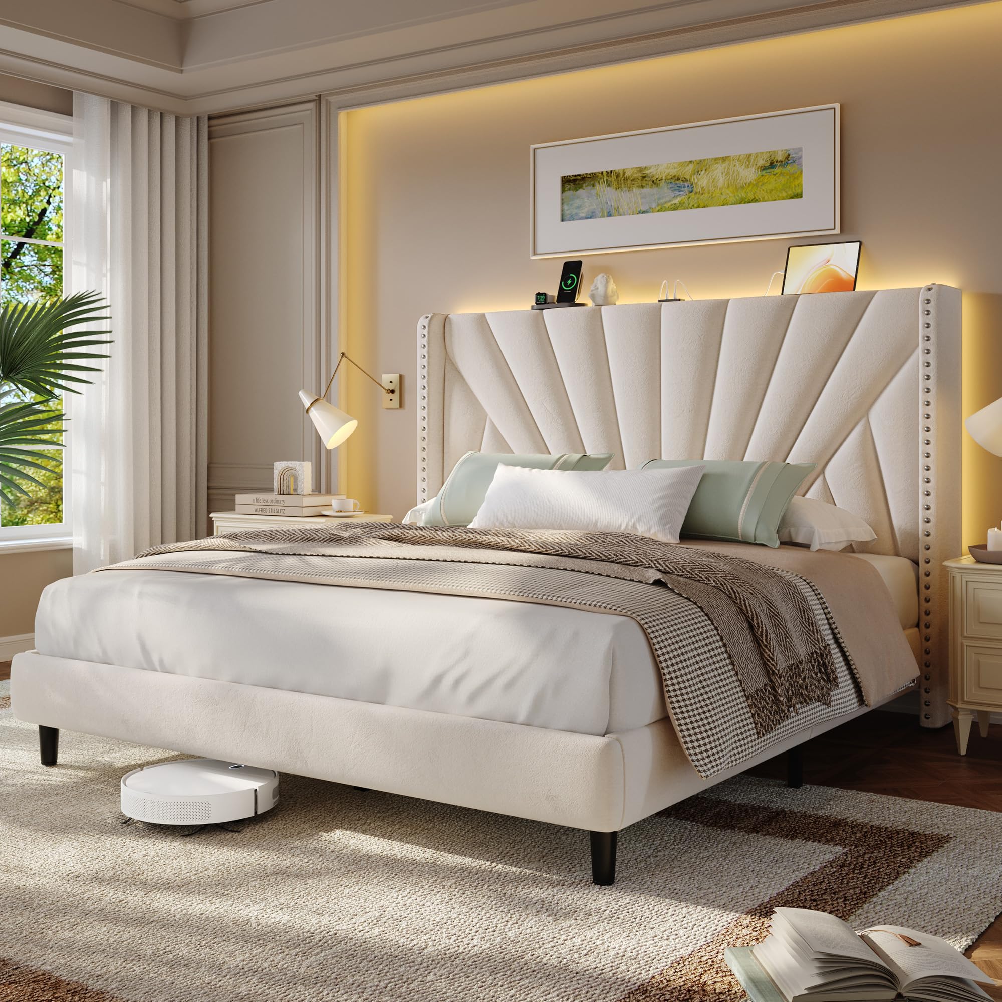 Queen Bed Frame with 51" Velvet Upholstered Headboard