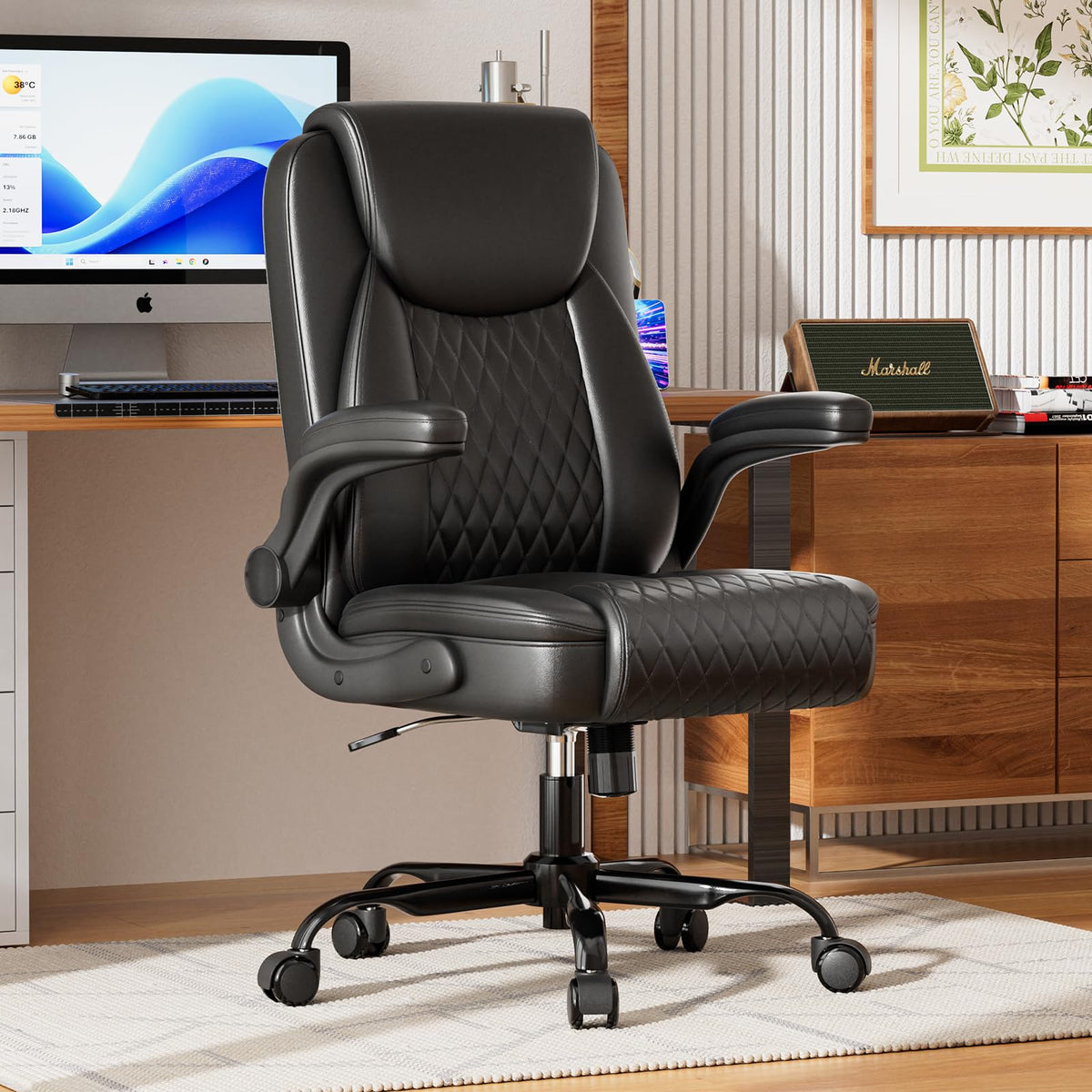 Ergonomic PU Leather Office Chair with Flip-Up Arms