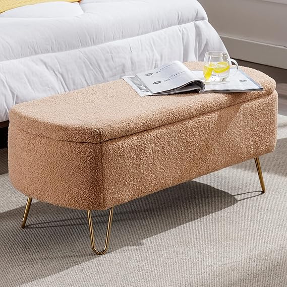 Storage Ottoman Bench, Vintage Boucle Upholstered Entryway Bench