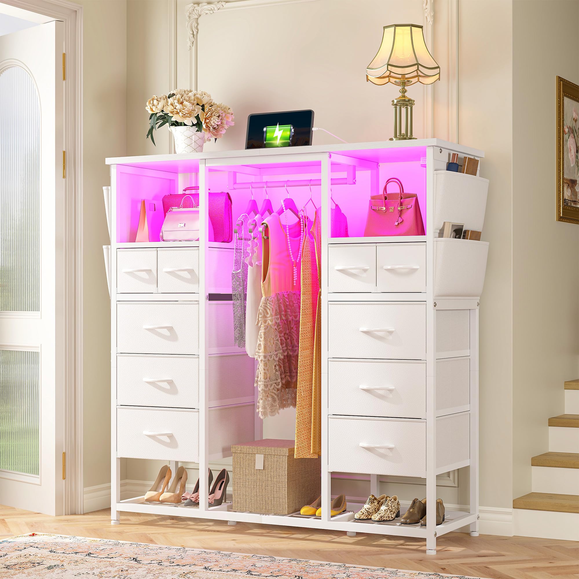 White Dressers for Bedroom with Hanging Rack & Clothes Rack Side Pockets
