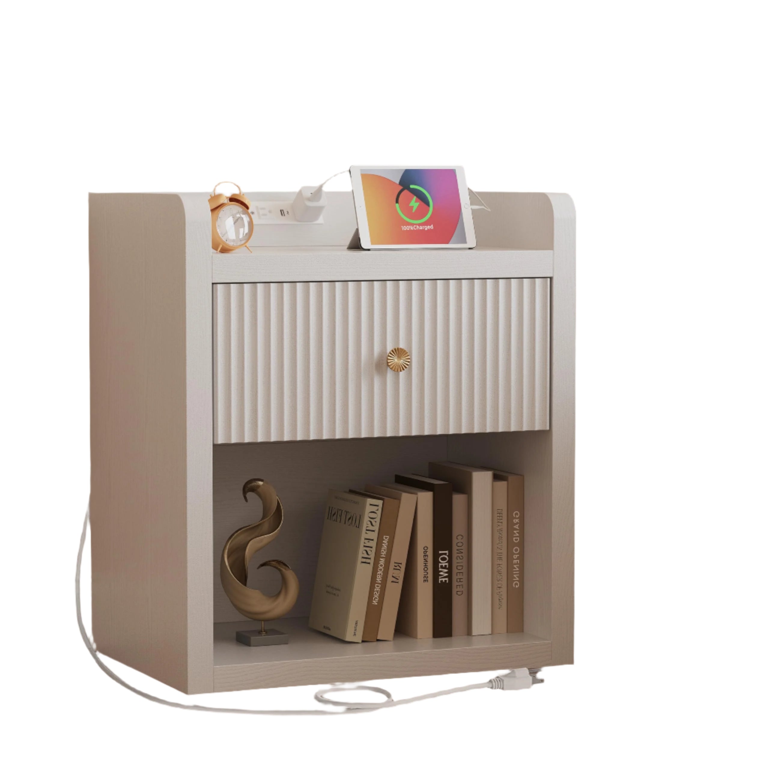 Fluted Nightstand Night Stand with Charging Station, Bedside Table with Drawer Storage