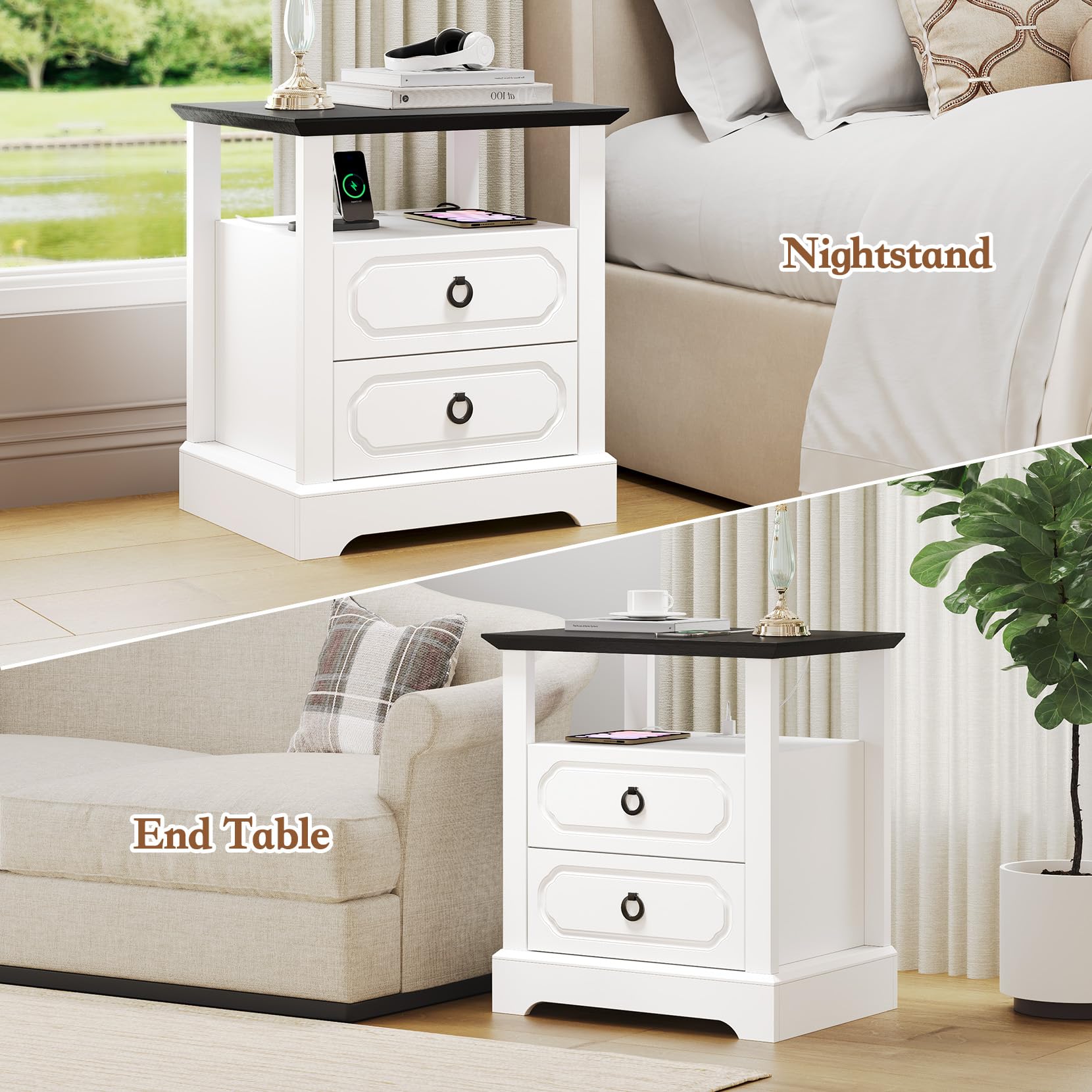 21.3" Farmhouse Nightstand with Charging Station, Modern End Table