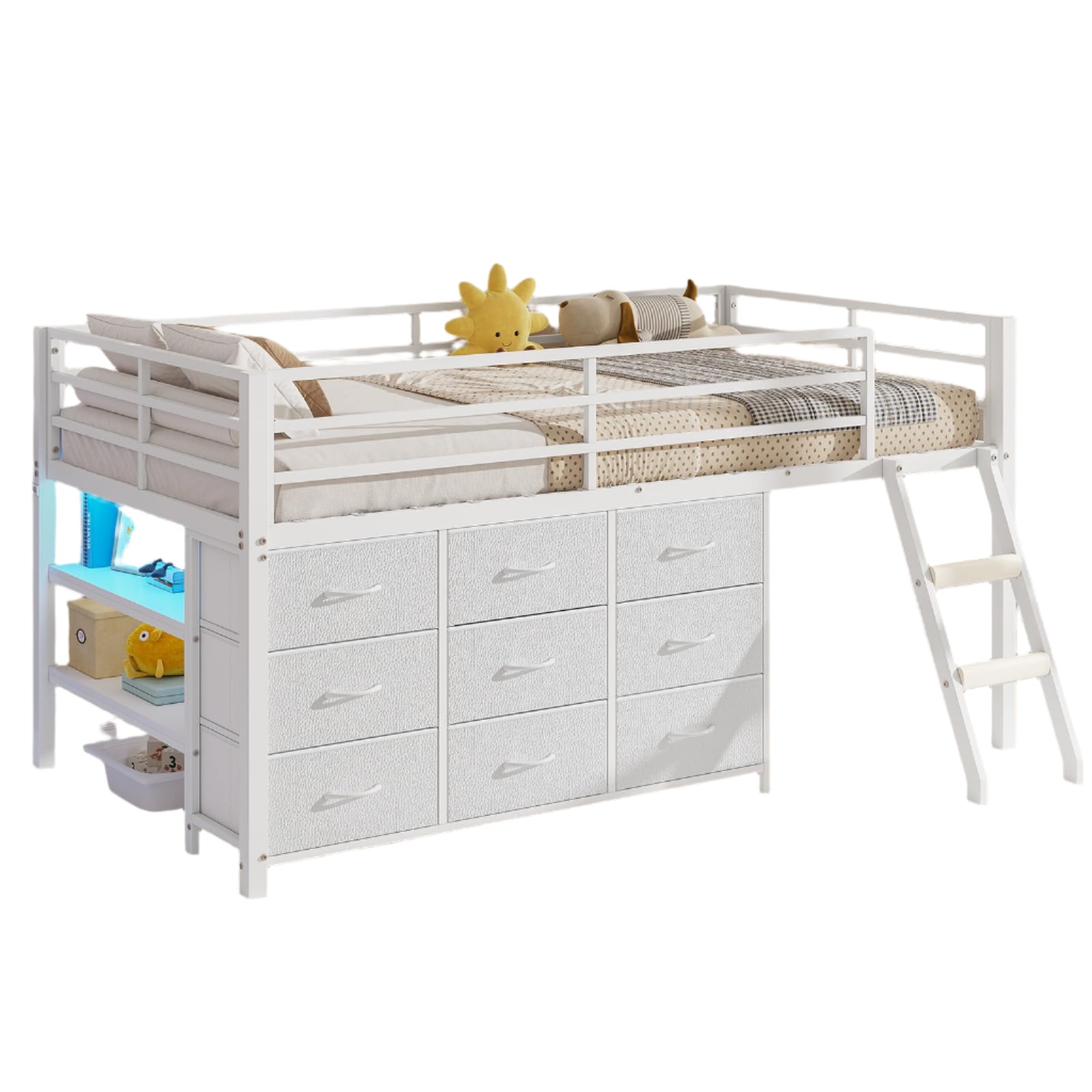 Twin Loft Bed for Kids, Low Loft Bed Twin Size with 9 Storage Dresser