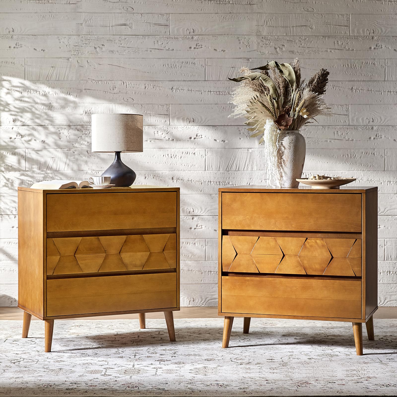 30" Wide Nightstands Set of 2, 3 Drawers Mid Century Modern Nightstand