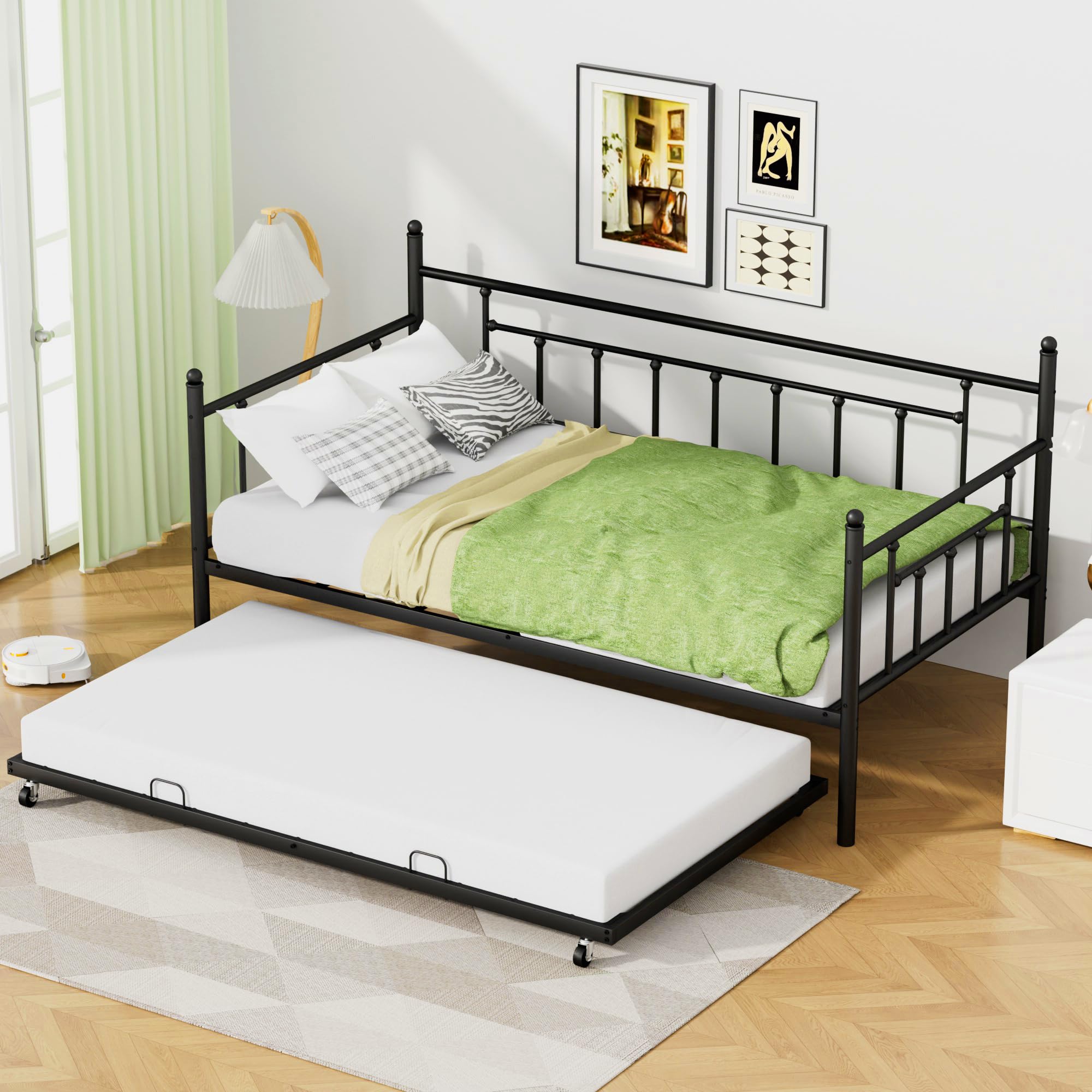 Daybed with Trundle, Black Twin Day Bed with Backrest