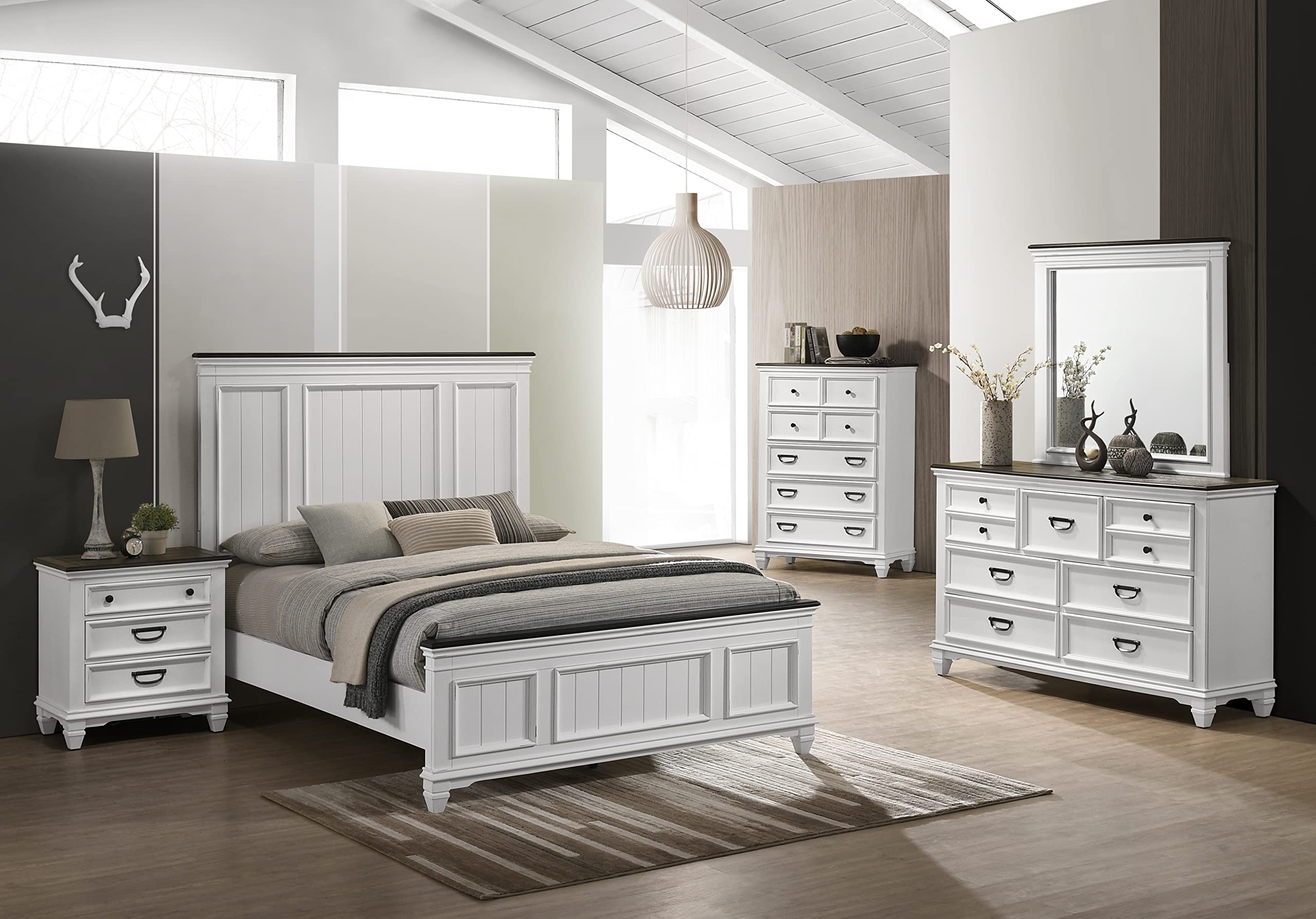 Clelane Wood Bedroom Set with Shiplap Panel Queen Bed, Dresser, Mirror