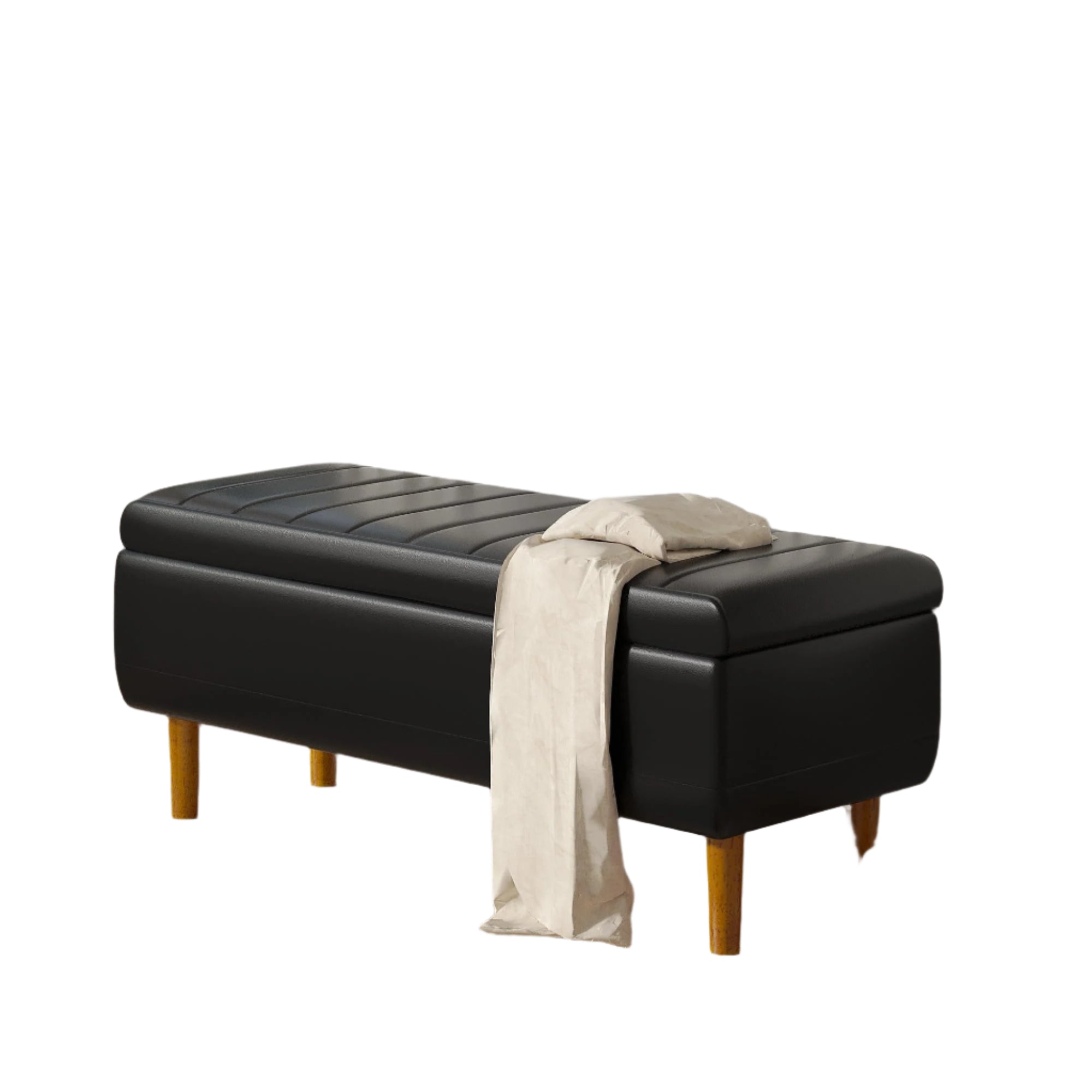 44" Black Faux Leather Storage Ottoman Bench – Hidden Compartment
