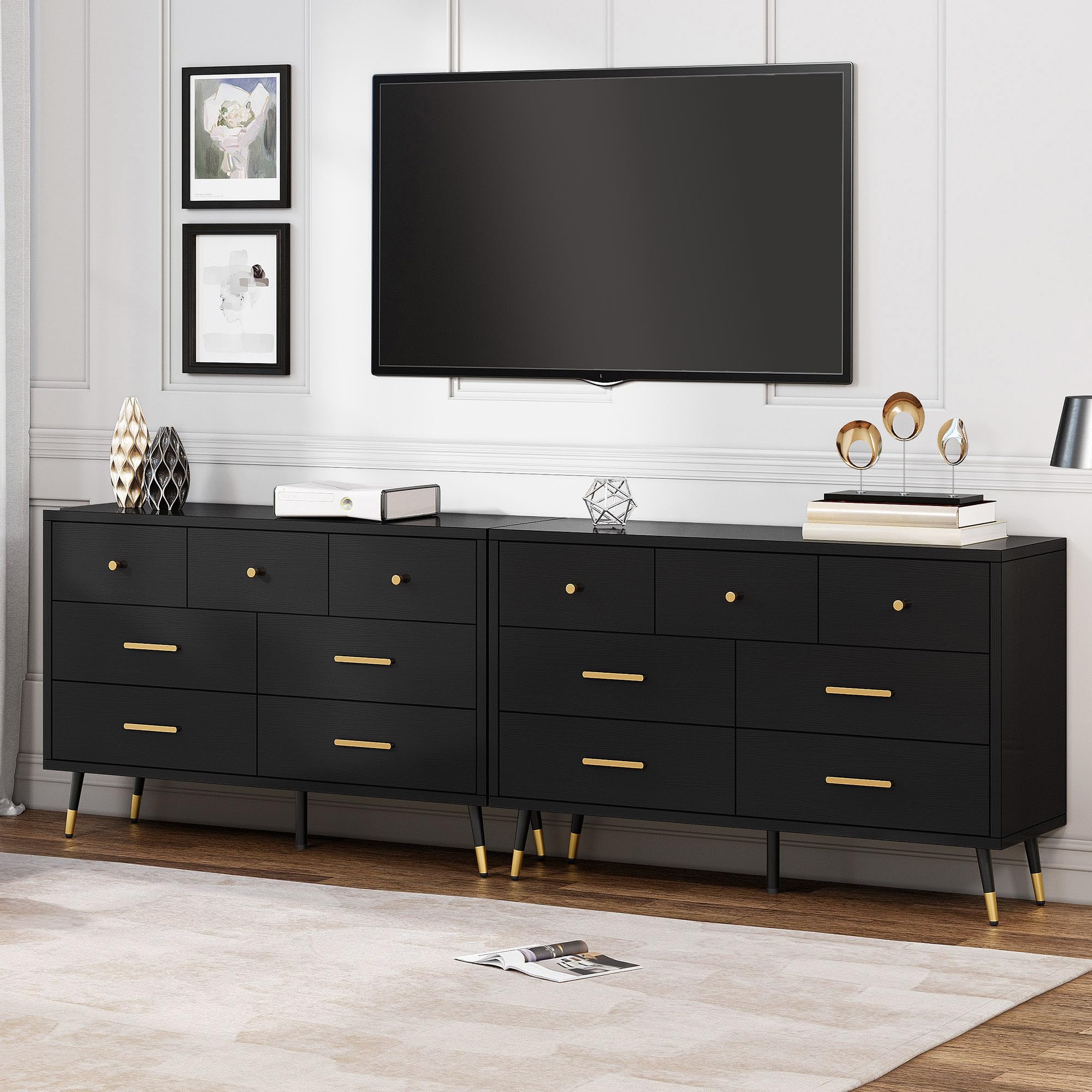 Black Dresser,7 Drawer Dresser with Wide Drawers and Gold Metal Handles