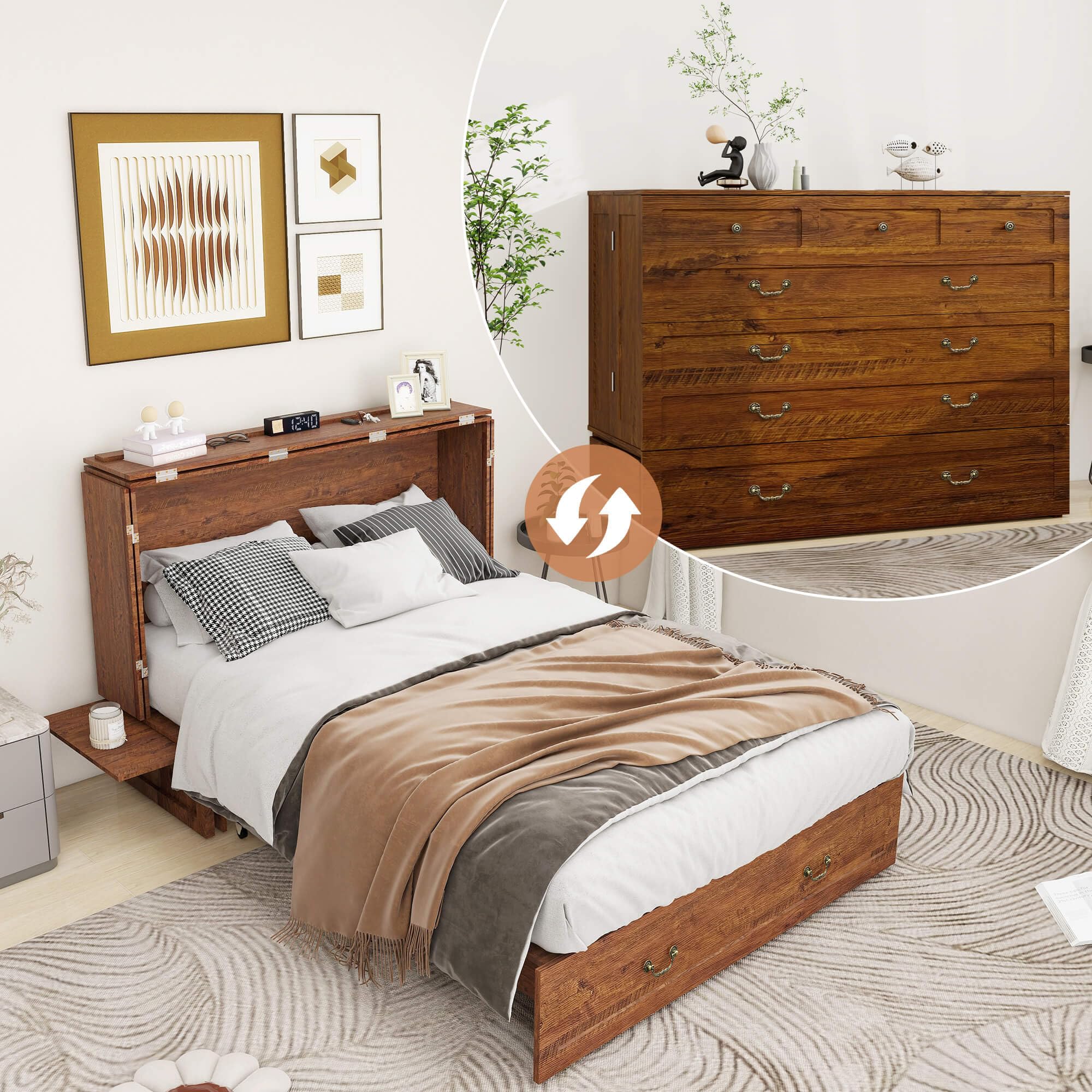 Queen Murphy Bed Cabinet with Charging Station for Guest Room