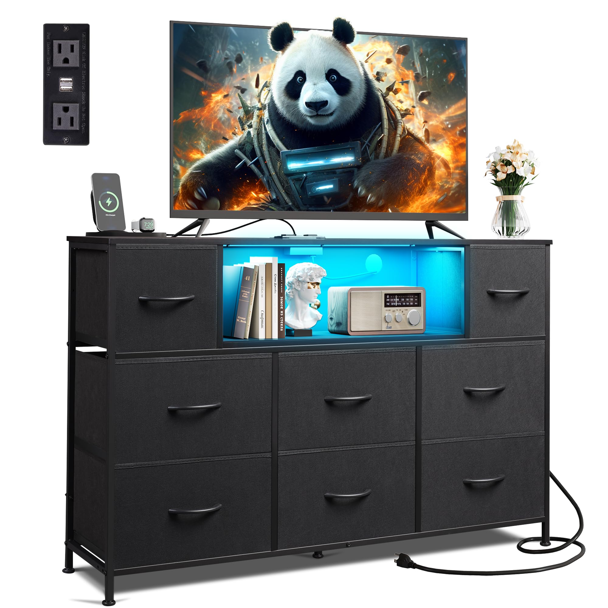 Black Dresser for Bedroom, TV Stand for Bedroom for 50, 55 inch TV with Charging Station