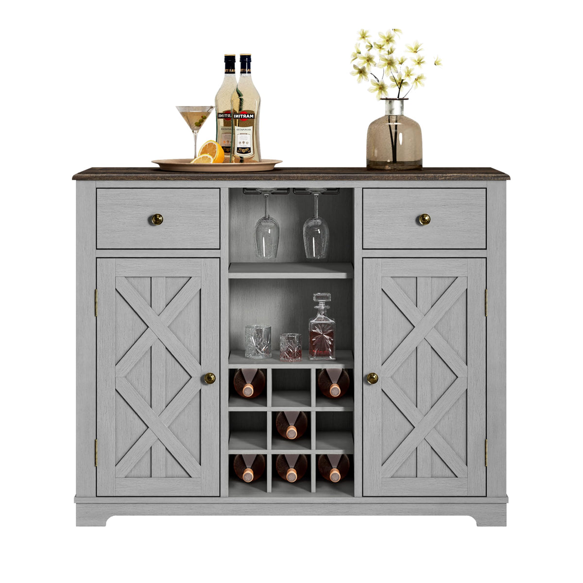 42" Wine Cabinet with Doors, Drawers, Glass Holder & Bottle Rack
