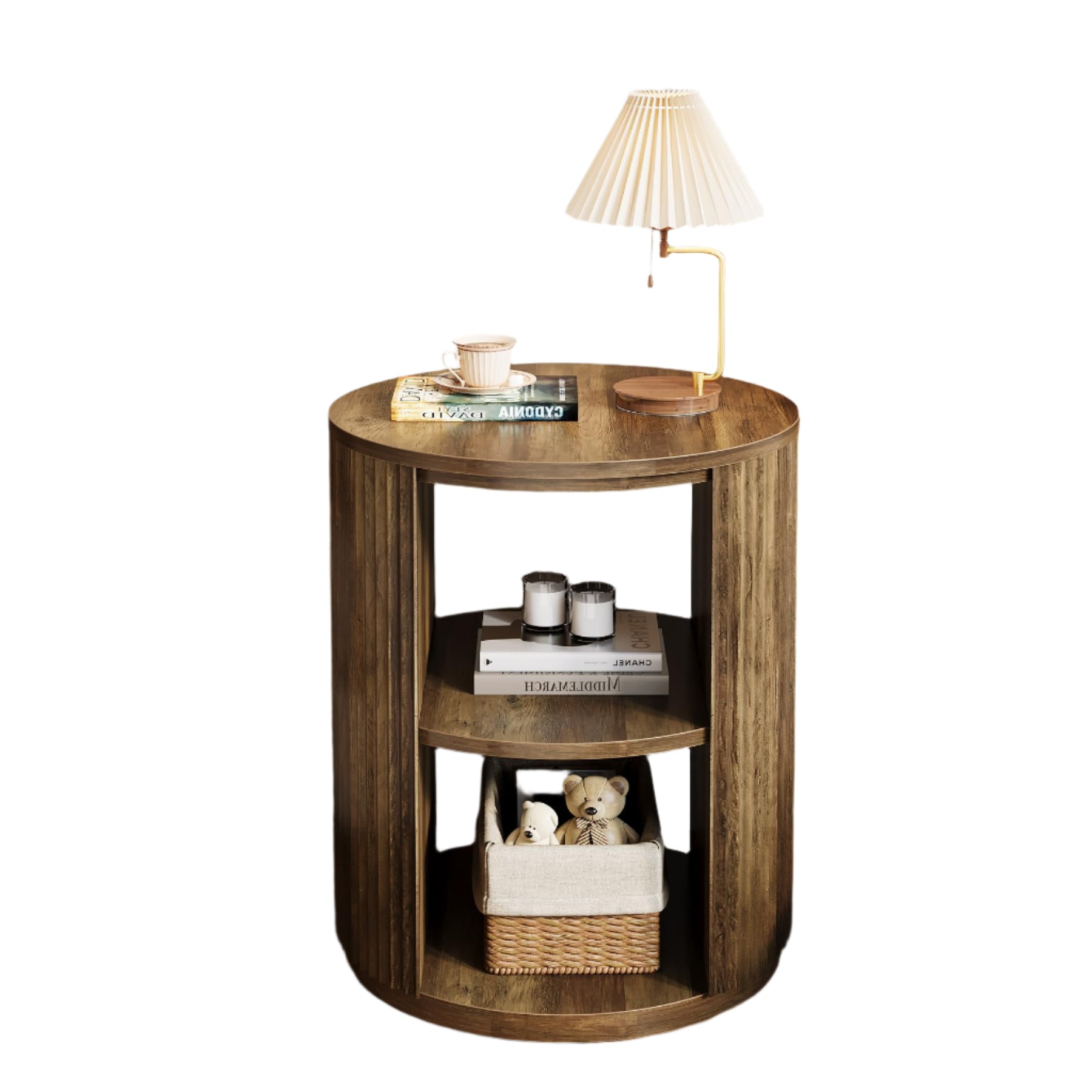 Round Fluted End Table, Farmhouse Round Side Table with 3-Tier Storage Shelf