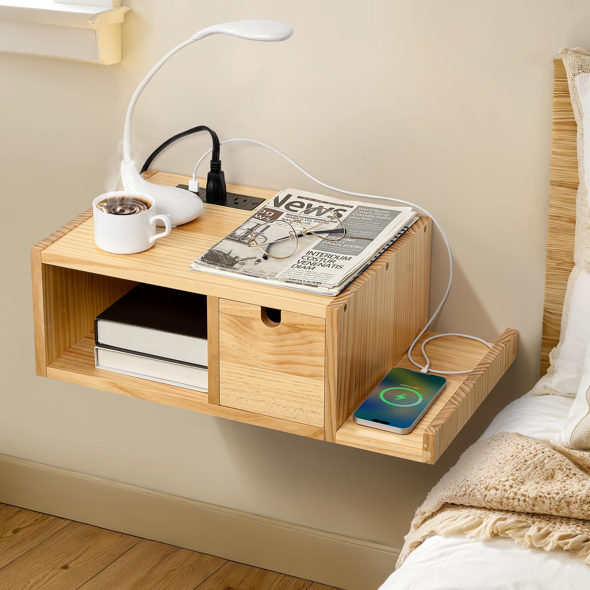 Floating Nightstand with Charging Station, Modern Night Stand