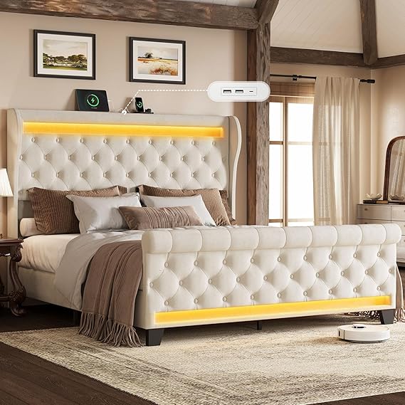 Queen Size Bed Frame with Headboard,50" Tall Headboard Upholstered Velvet Platform Bed