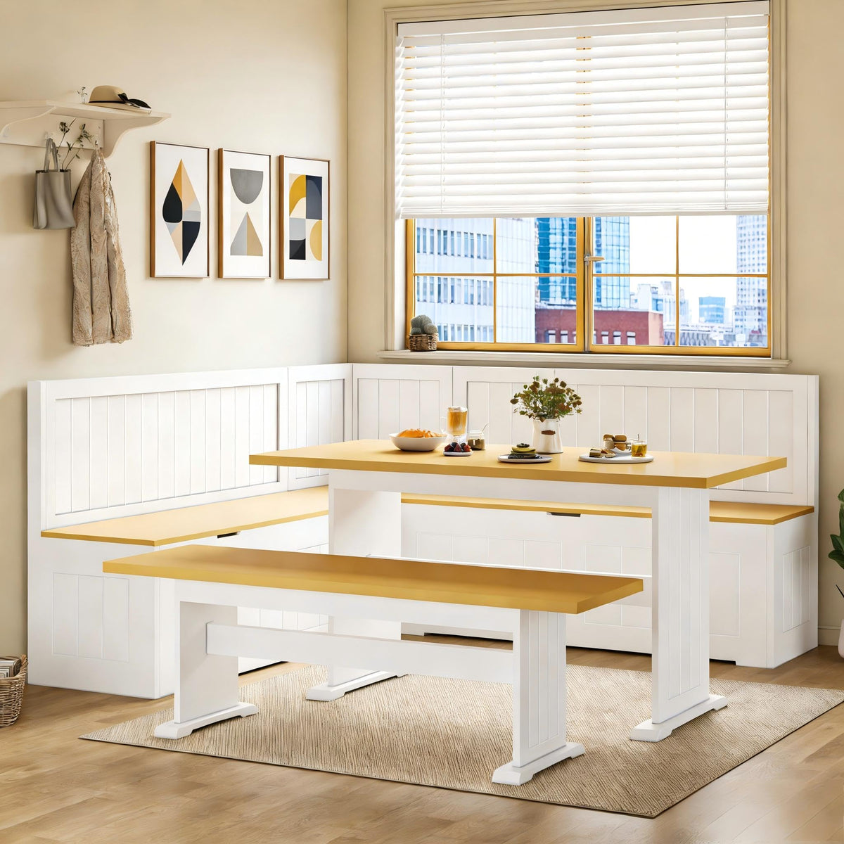L-Shaped Corner Dining Set with Storage Bench