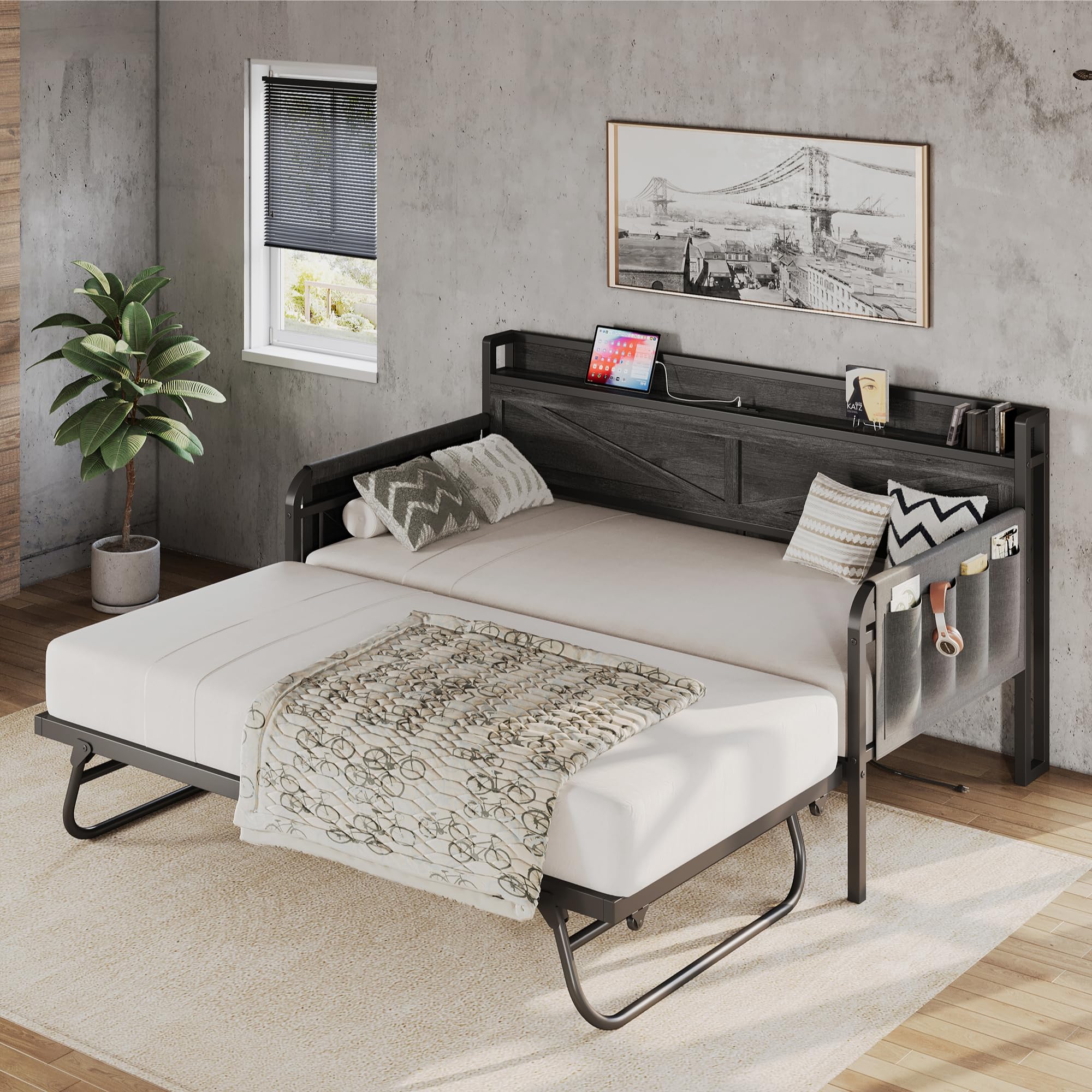 LIKIMIO Twin Daybed with Trundle Bed, Storage Headboard with Charging Station, Sofa Day Bed with Strong Supports for Living Room, Bedroom, and Guest Room, Charcoal Grey