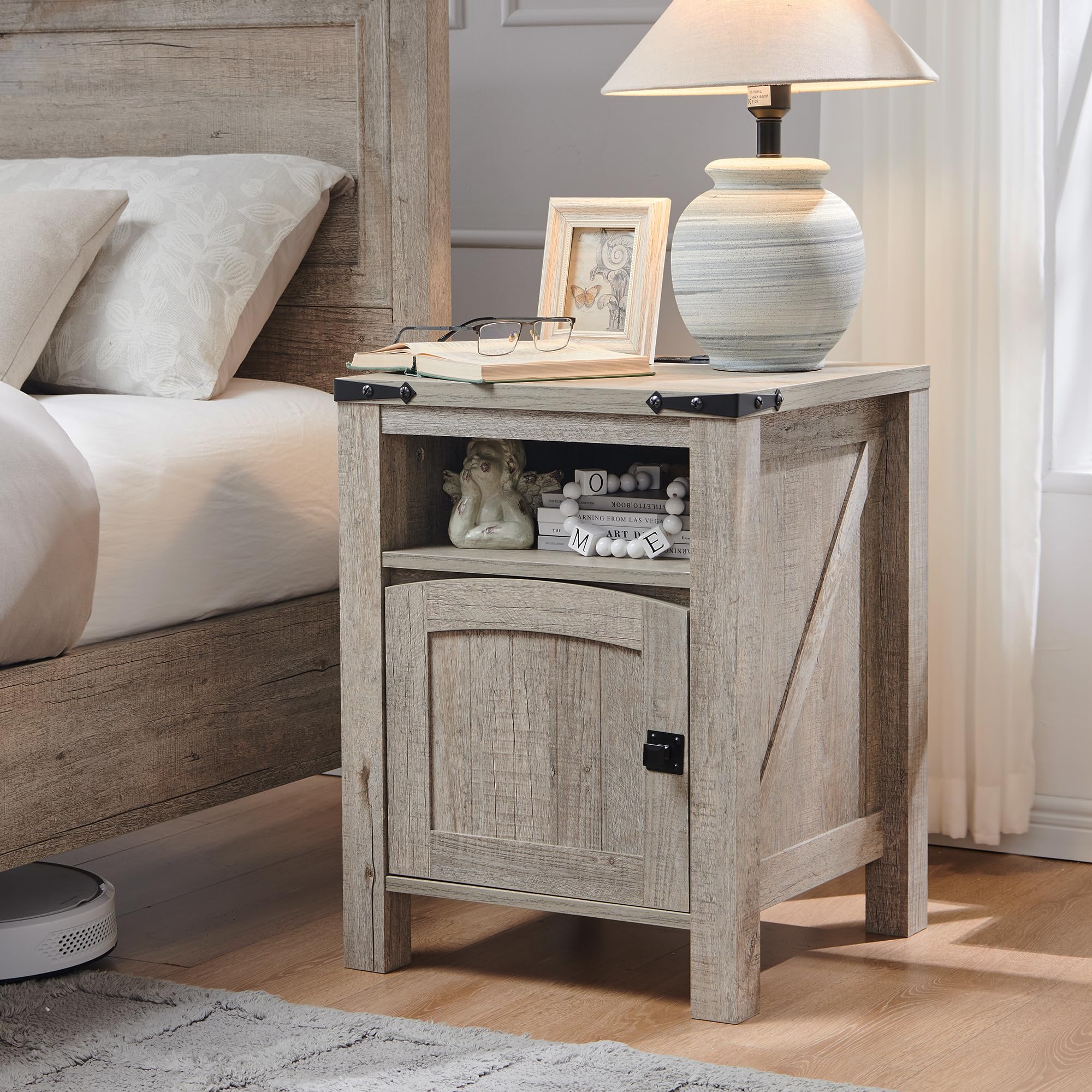 Farmhouse End Table with Charging Station, 18" Rustic Nightstand