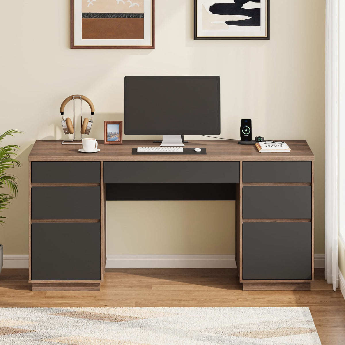 63" Modern Executive Desk with 7 Drawers, Charging Station & Privacy Panel