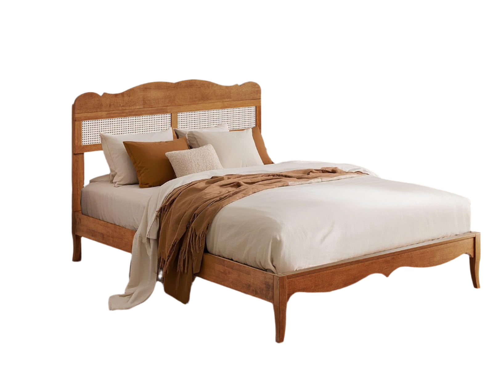 Rattan Queen Bed Frame with Headboard, Mid Century Wood Bed Frame