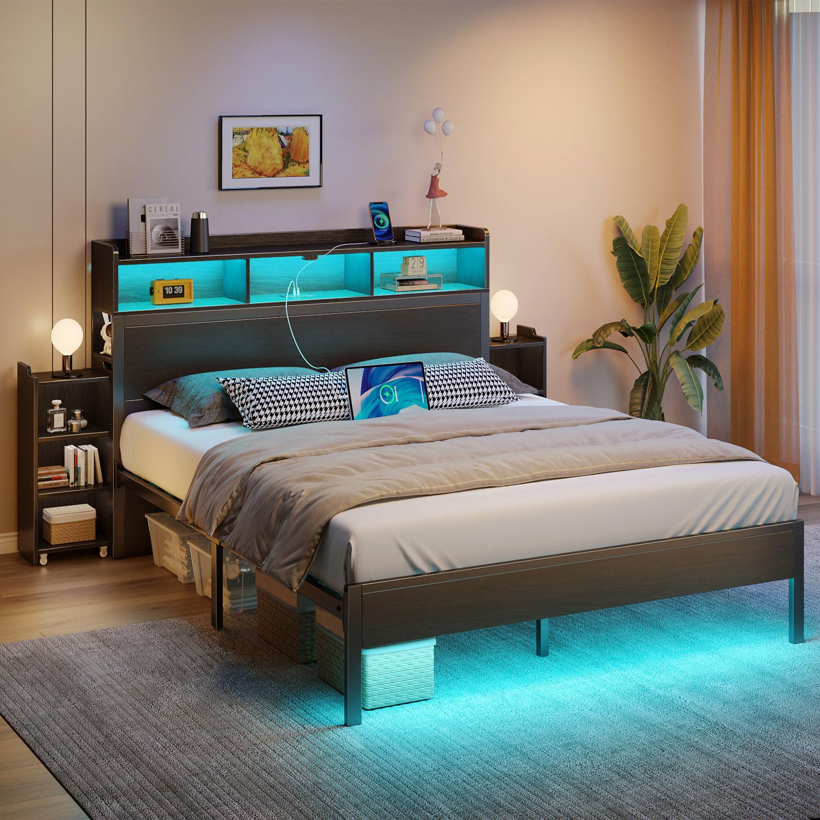 Bed Frame Queen Size with Bookcase Storage Headboard, Slide Out Bedside Storage
