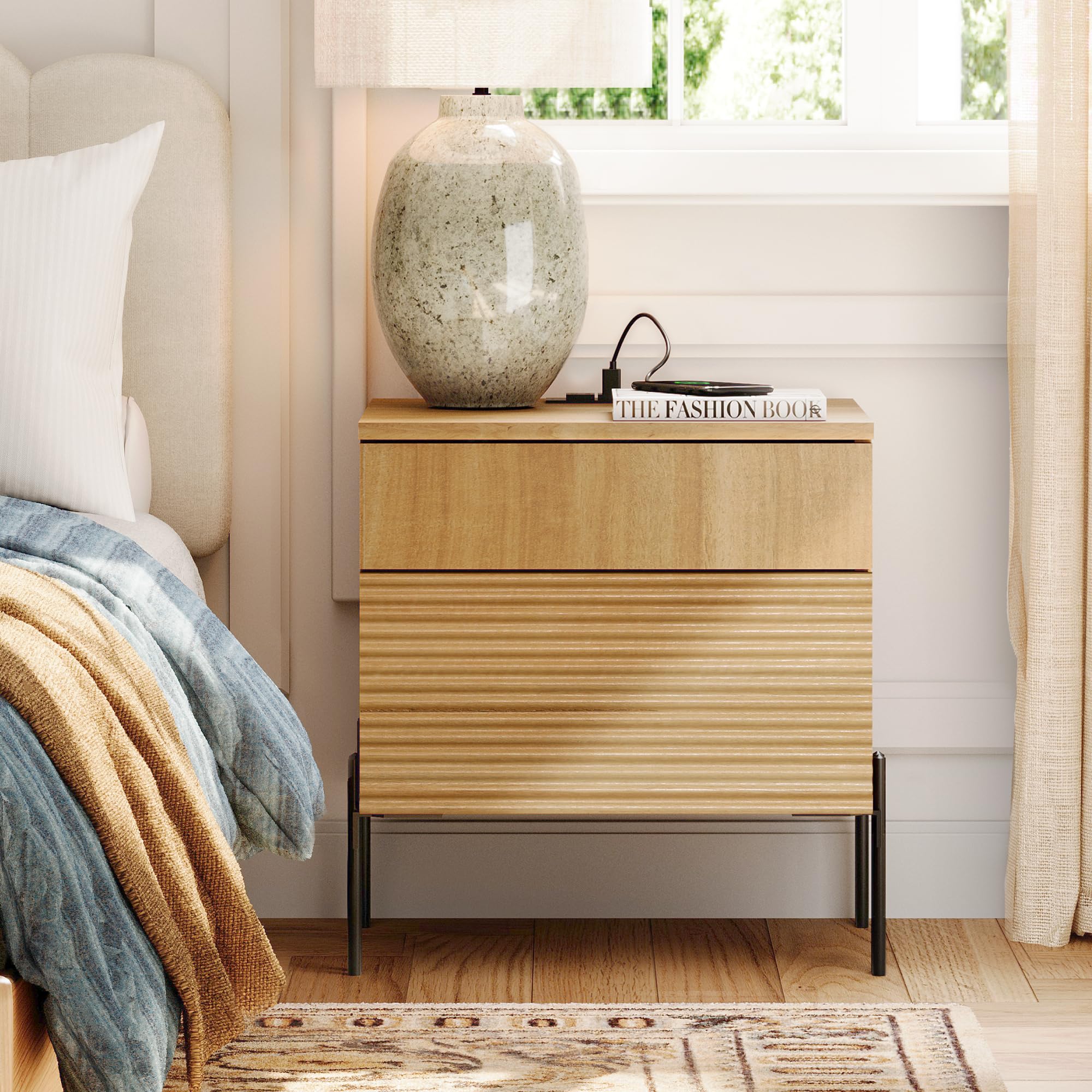 Fluted Nightstand with Charging Station,19.1" W Mid Century Modern Night Stands