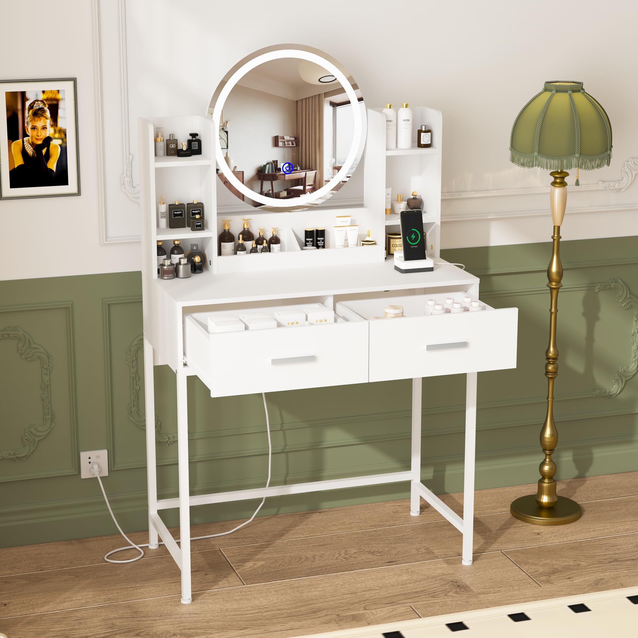 Vanity Desk with Mirror and Lights, Make up Vanity Desk with Charging Station