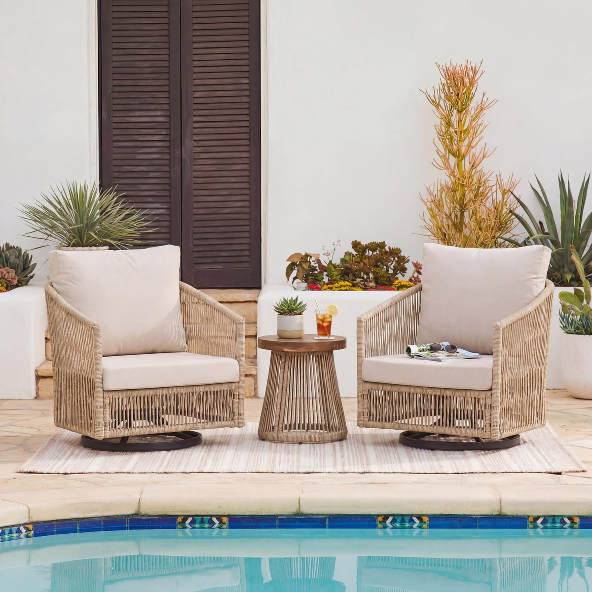 3-Piece Outdoor Patio Swivel Chair Set with Coffee Table