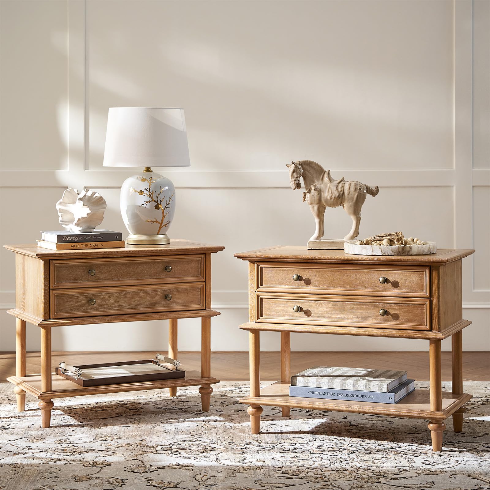 Wood Nightstands Set of 2 with Solid Wood Frame, Natural Oak Bedside Table