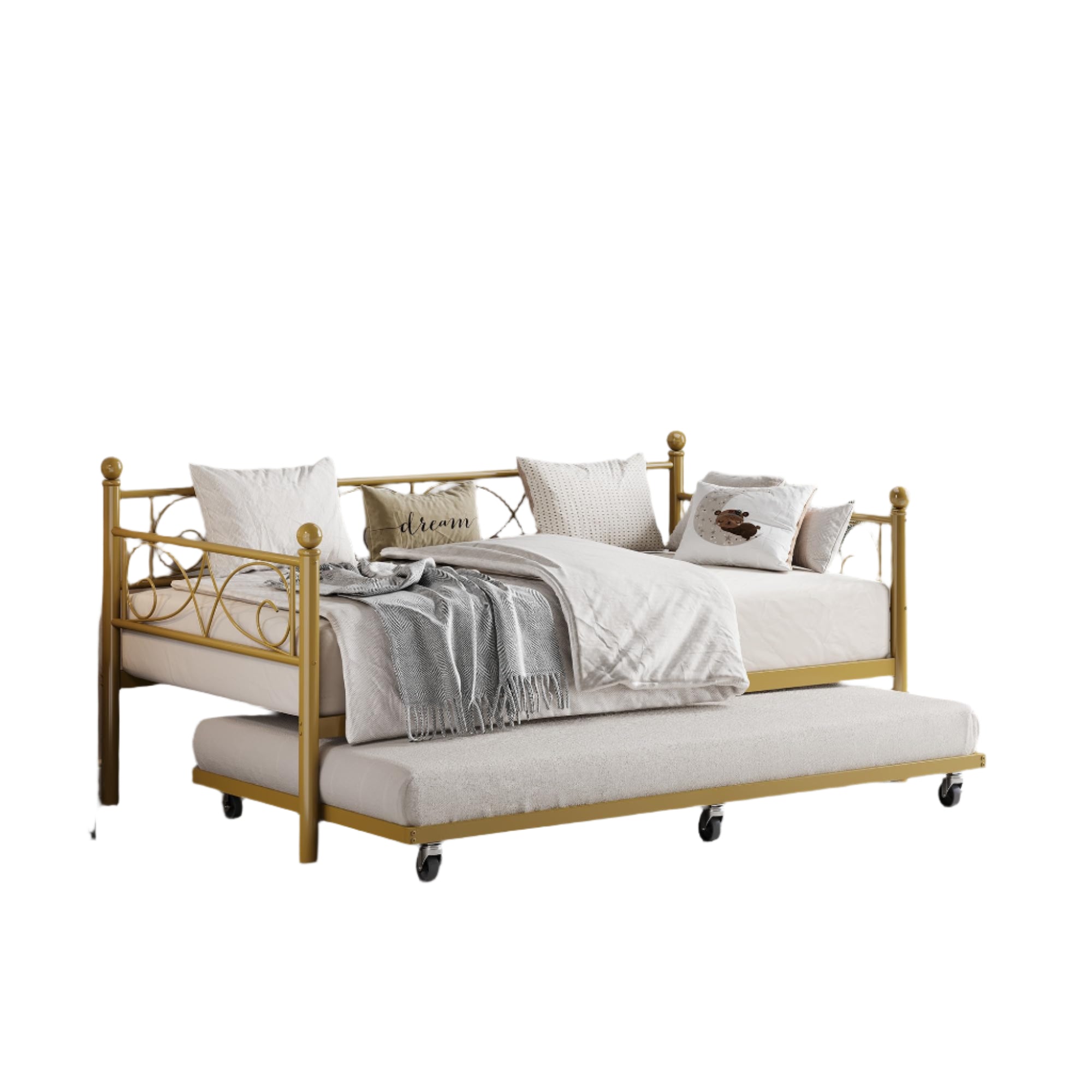 Gold Daybed with Trundle Bed, Twin Size Metal Day Bed with Floral