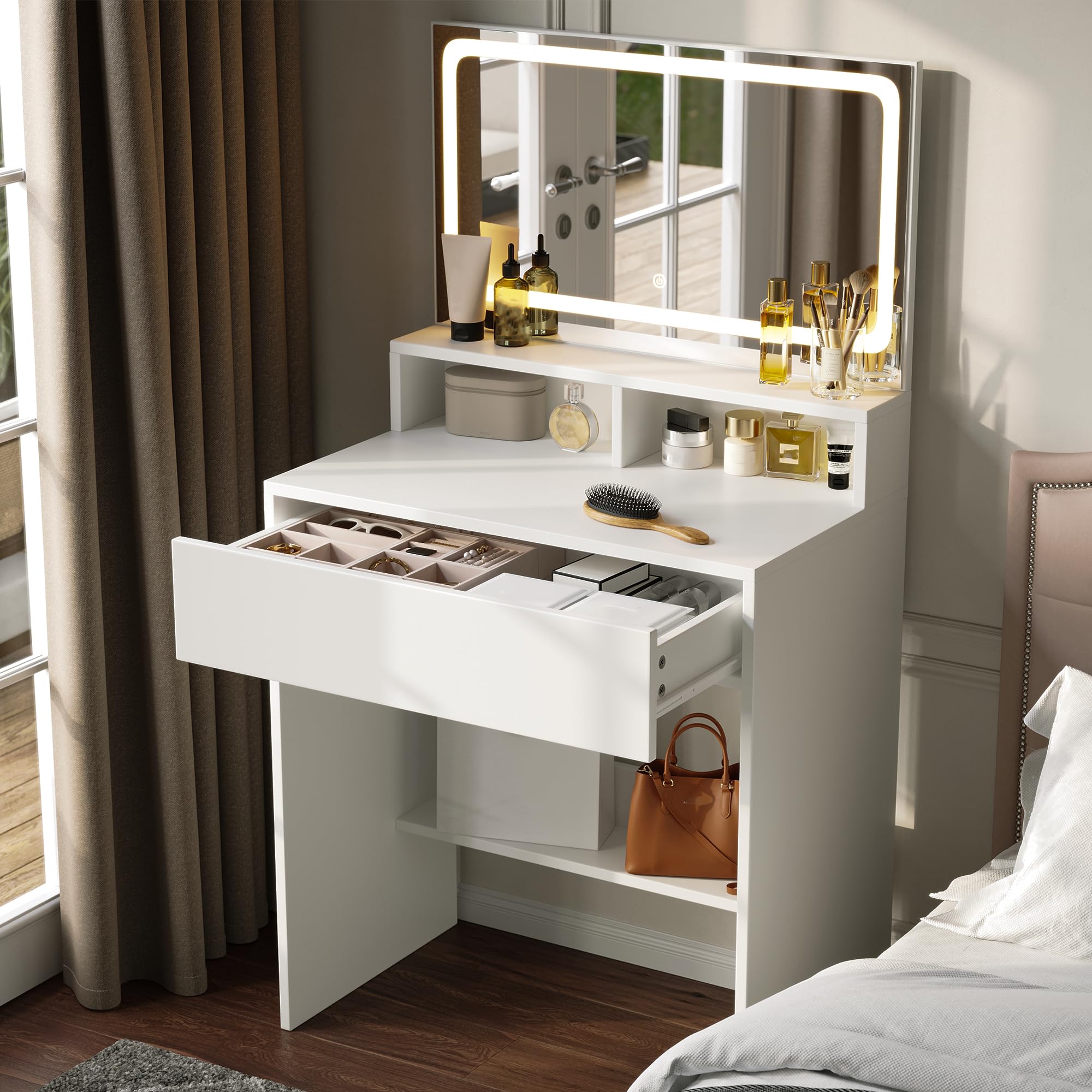 Vanity Desk with Mirror and Lights, Small Makeup Vanity Desk with LED Lighted