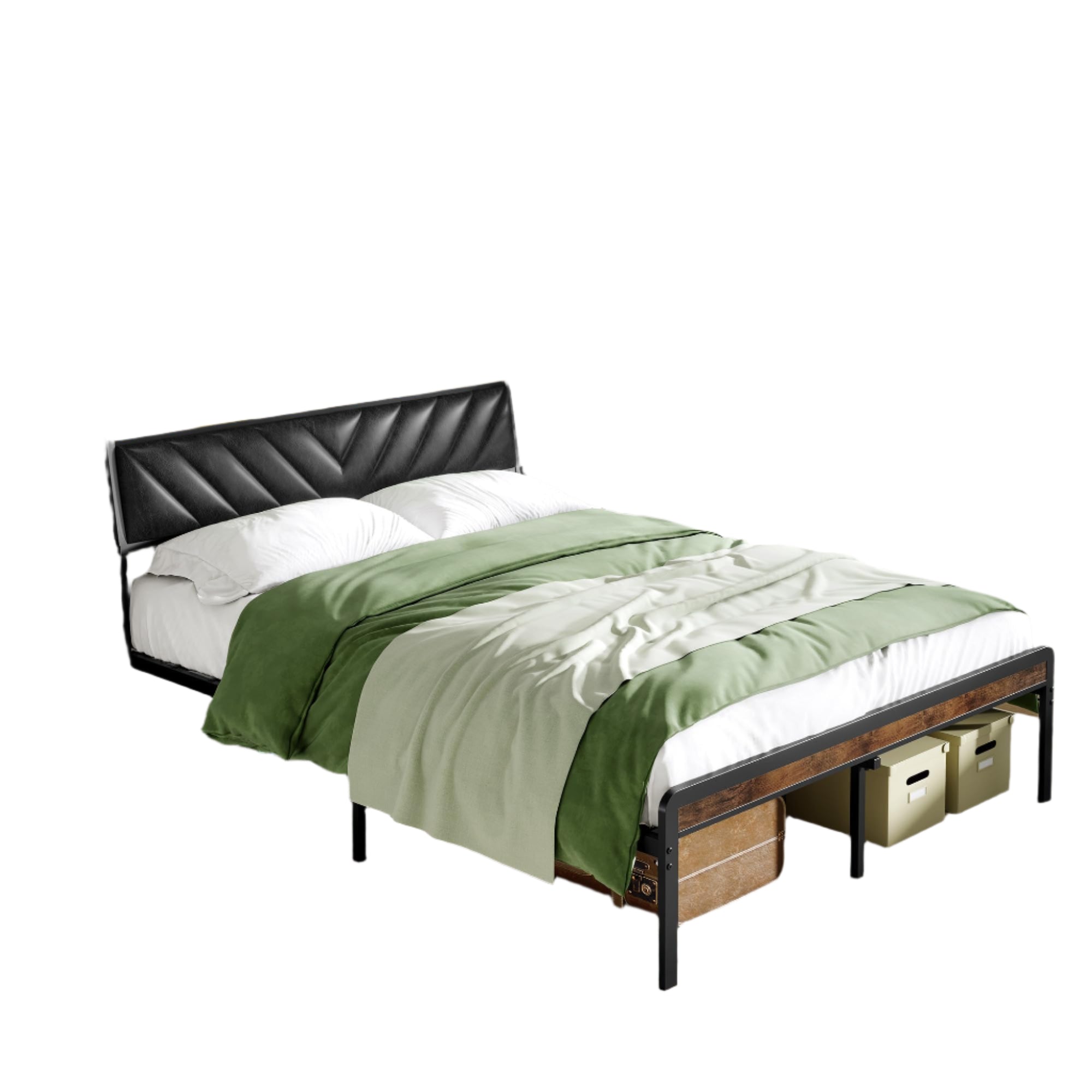 Full Size Bed Frame with Ergonomic Headboard, PU Upholstered Bed Frame with Storage