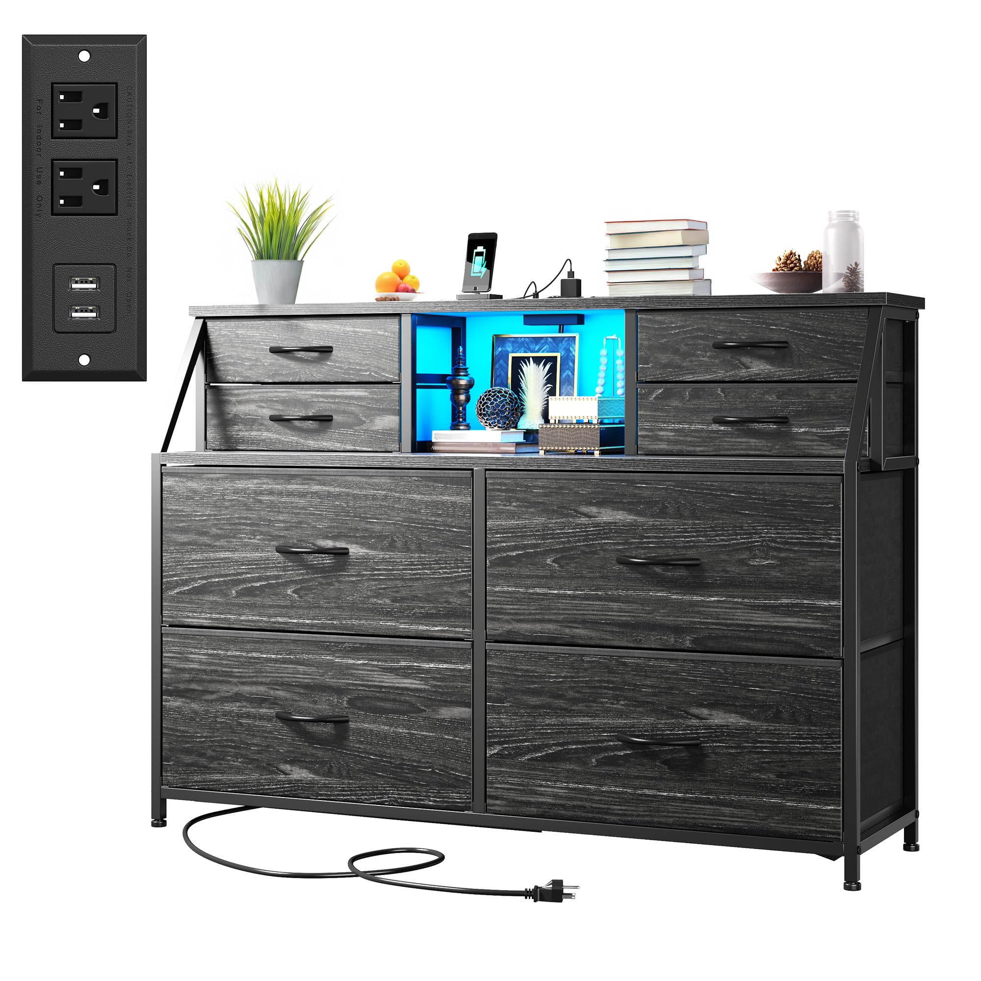 Dresser for Bedroom with Power Strip & LED, 8 Drawers Dresser
