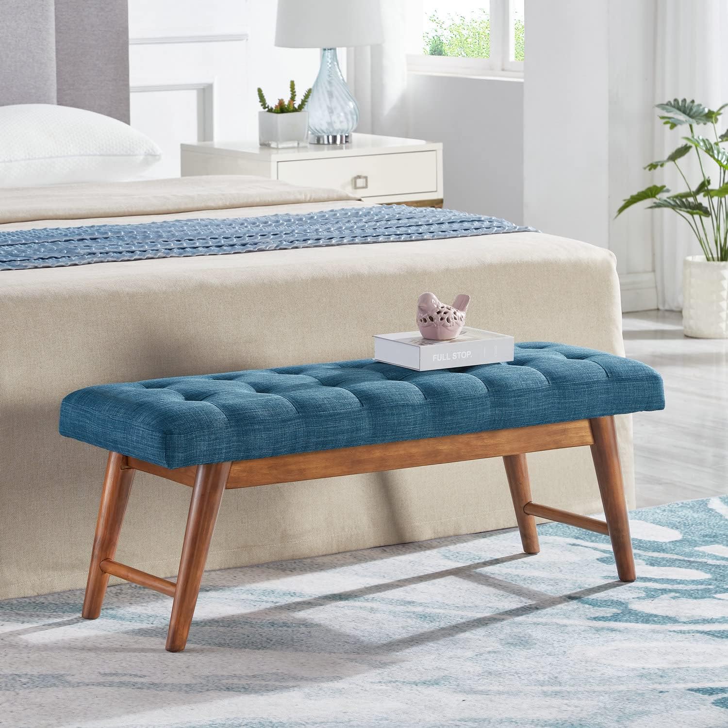 Modern Haraden Upholstered Button-Tufted Bench, Blue, 16 x 44 x 17