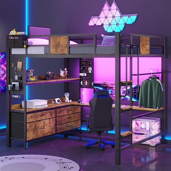 Loft Bed with Desk and 5 Storage Drawers, Loft Bed Full Size