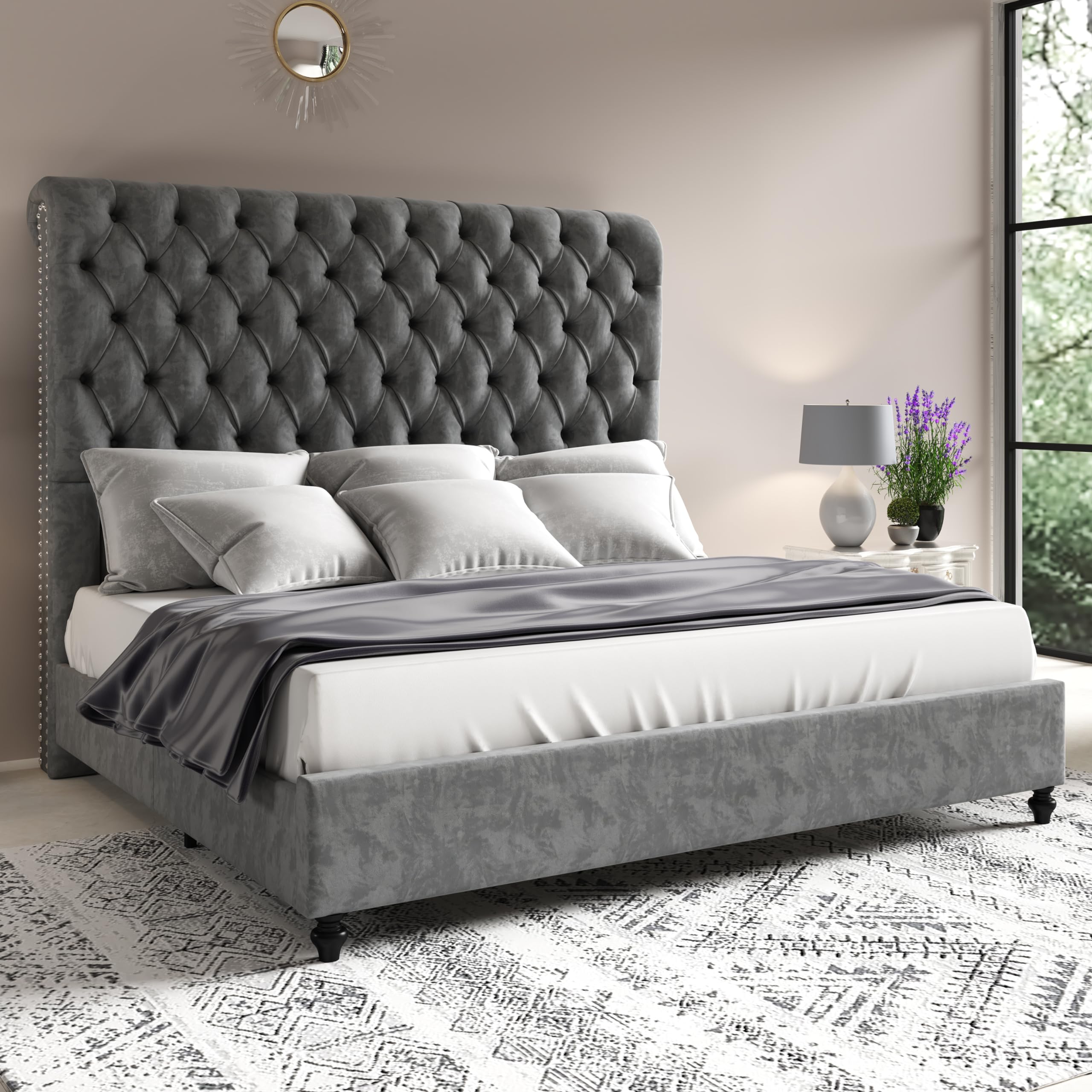 60" Tall King Size Bed Frame with Sleigh Headboard Velvet Upholstered Platform Bed