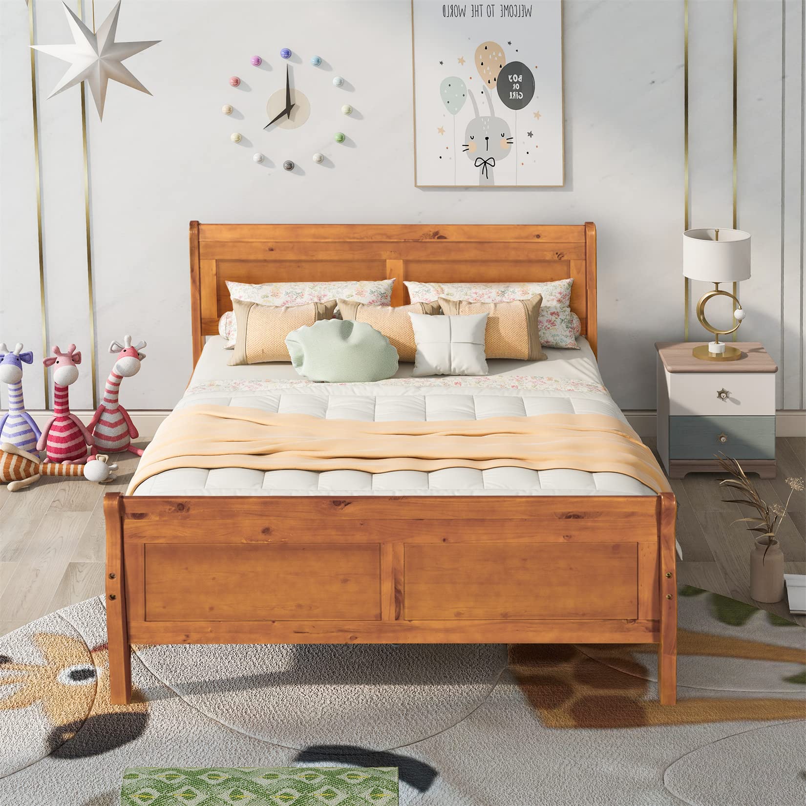 Full Size Platform Beds Solid Wood Bed Frame with Headboard and Wooden