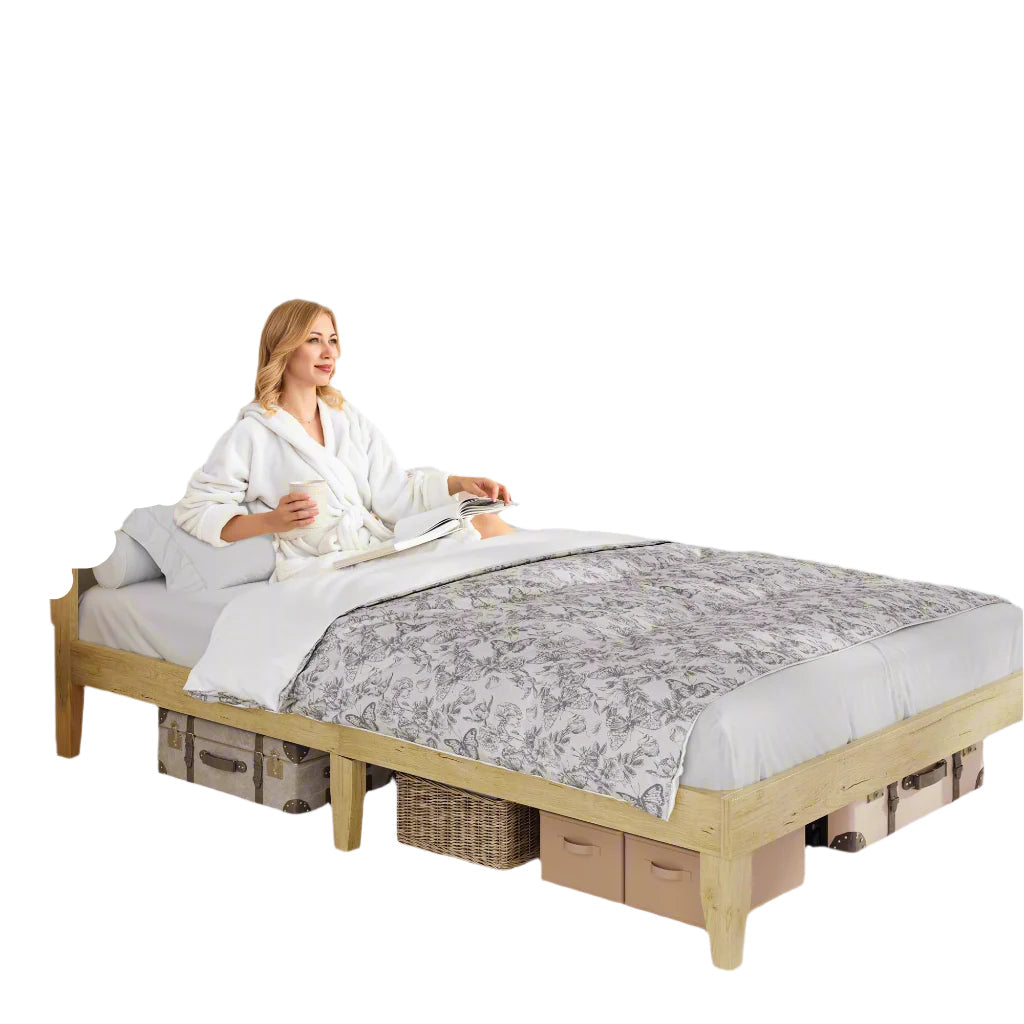 Bed Frame with Natural Rattan Headboard, Queen Size, Strong Wooden Slats