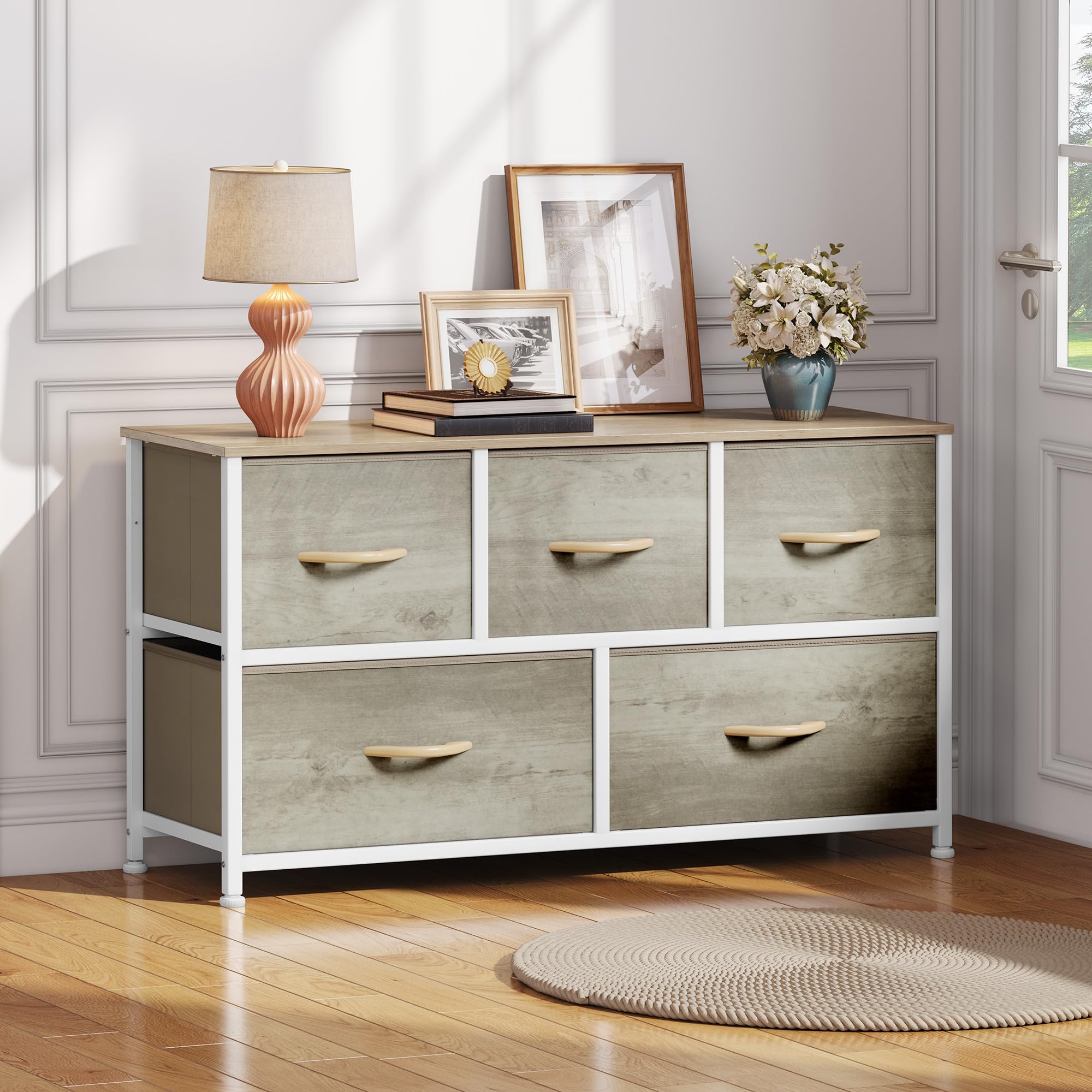 Wide Chest of Drawers, Dresser with 5 Drawers, Oak Grain Fabric Storage Tower