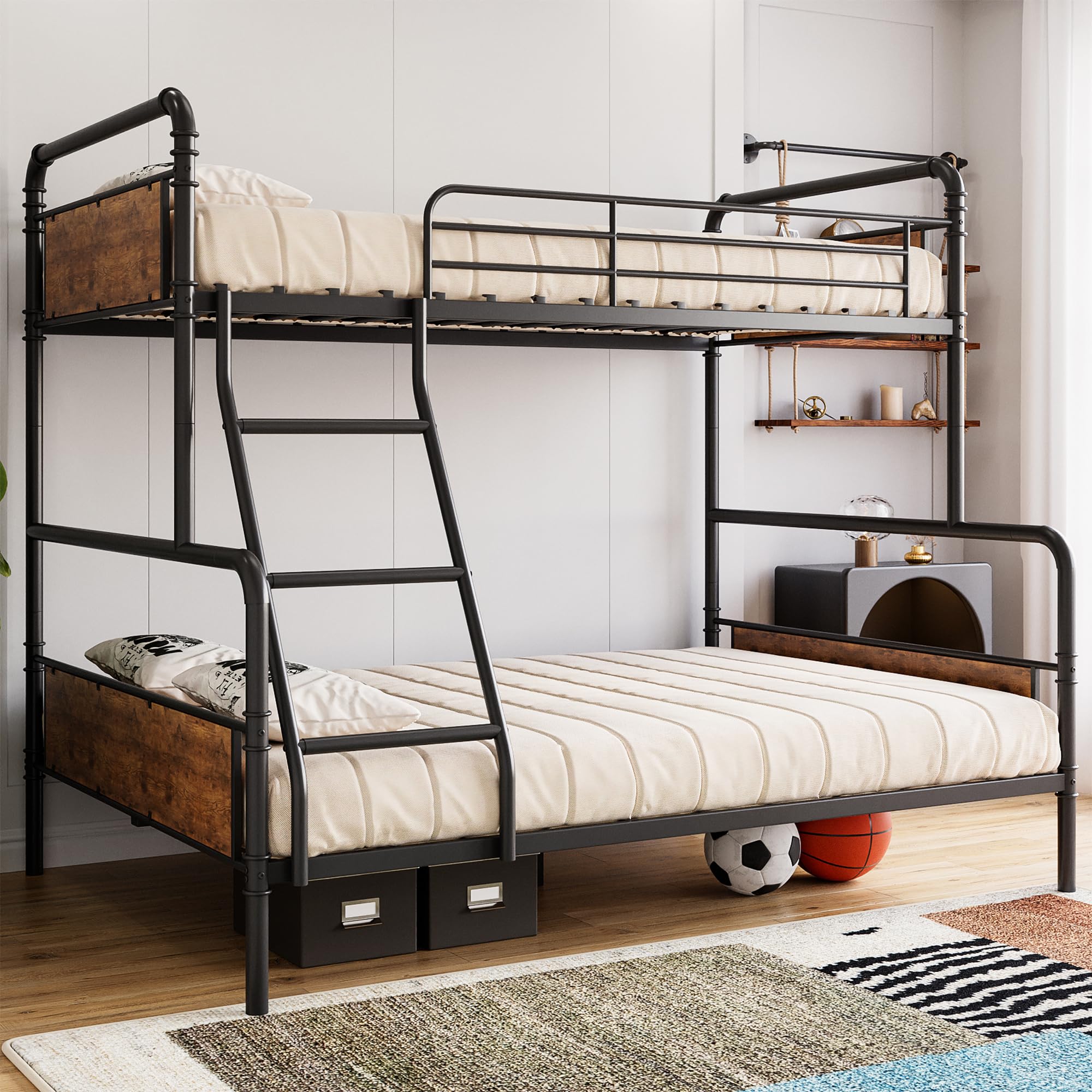 Bunk Bed Twin Over Full Size with High Guardrail and Ladder