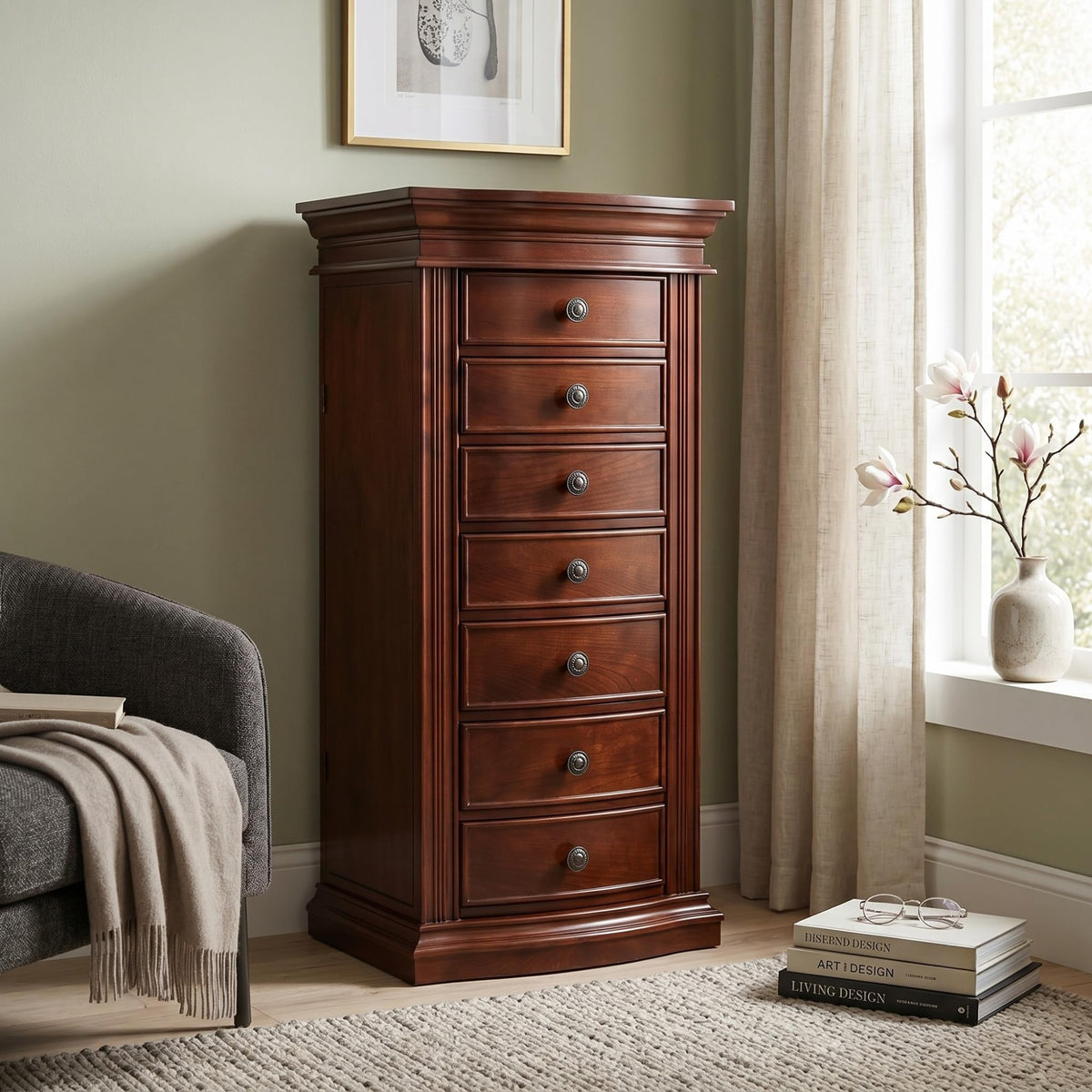 7-Drawer Standing Jewelry Armoire with Mirror & Anti-Tarnish Lining – Dark Walnut