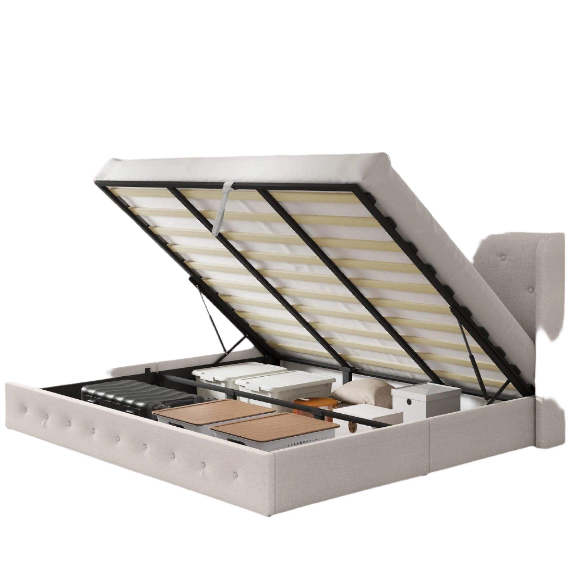 King Lift Up Storage Bed Frame with Charging Station,Upholstered Platform Bed