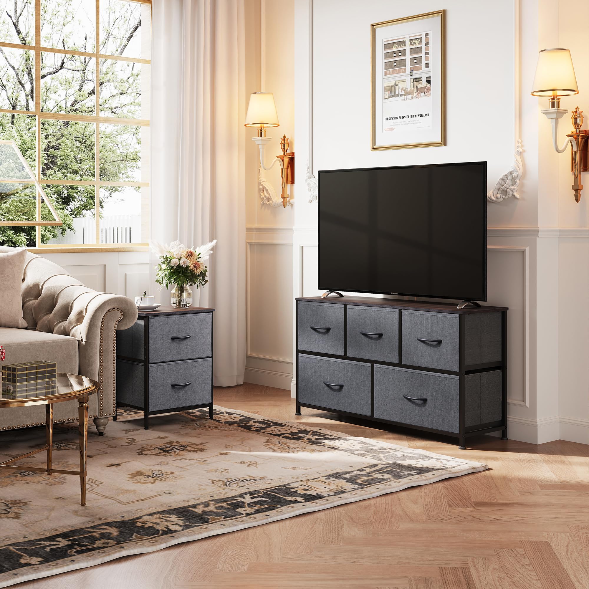 2-Drawer Nightstand and 5-Drawer Dresser Set, Fabric Storage Tower for Bedroom