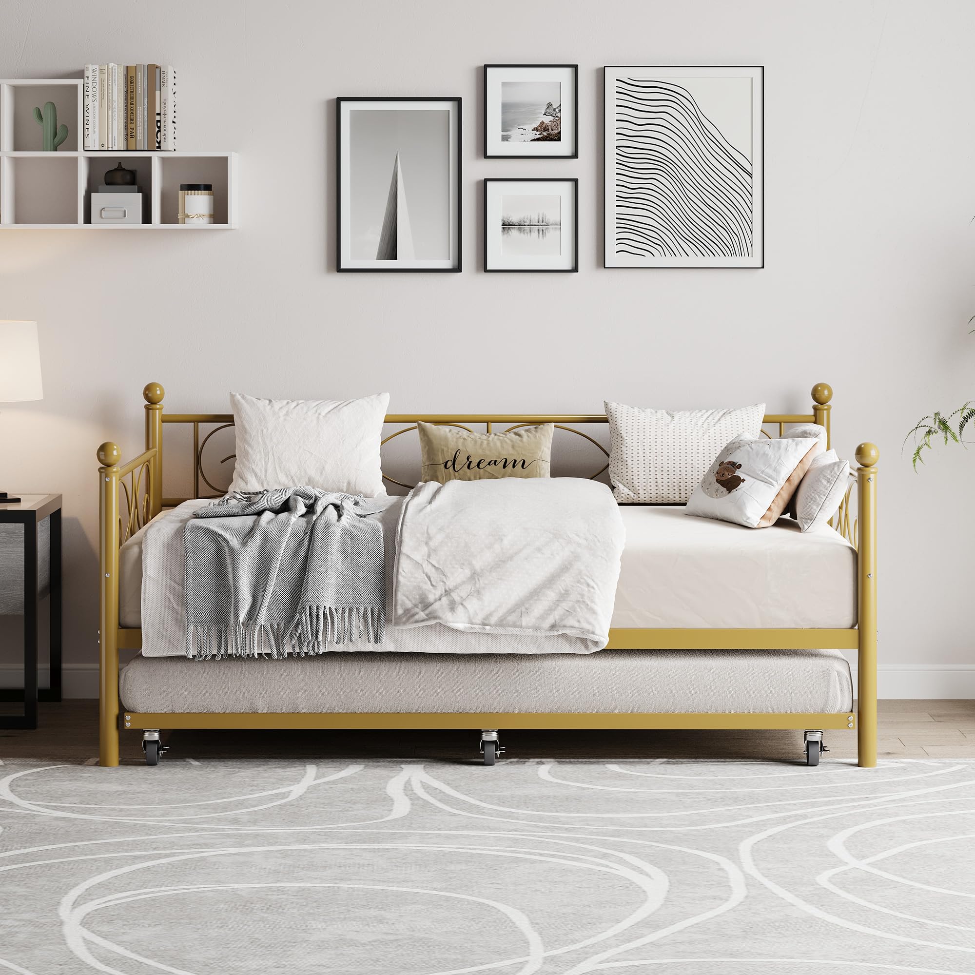 Gold Daybed with Trundle Bed, Twin Size Metal Day Bed with Floral