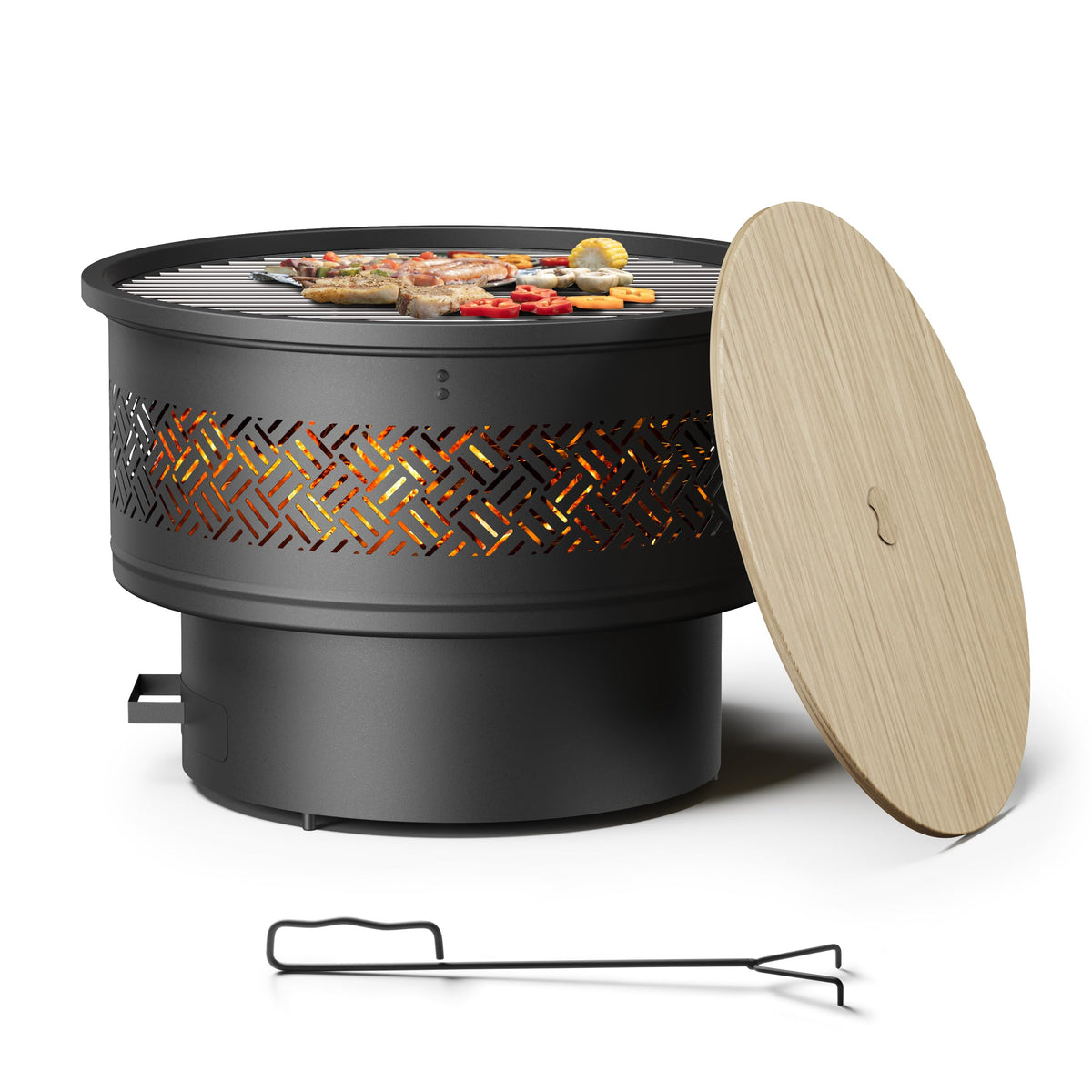 26" 3-in-1 Outdoor Fire Pit with Grill, Lid & Poker
