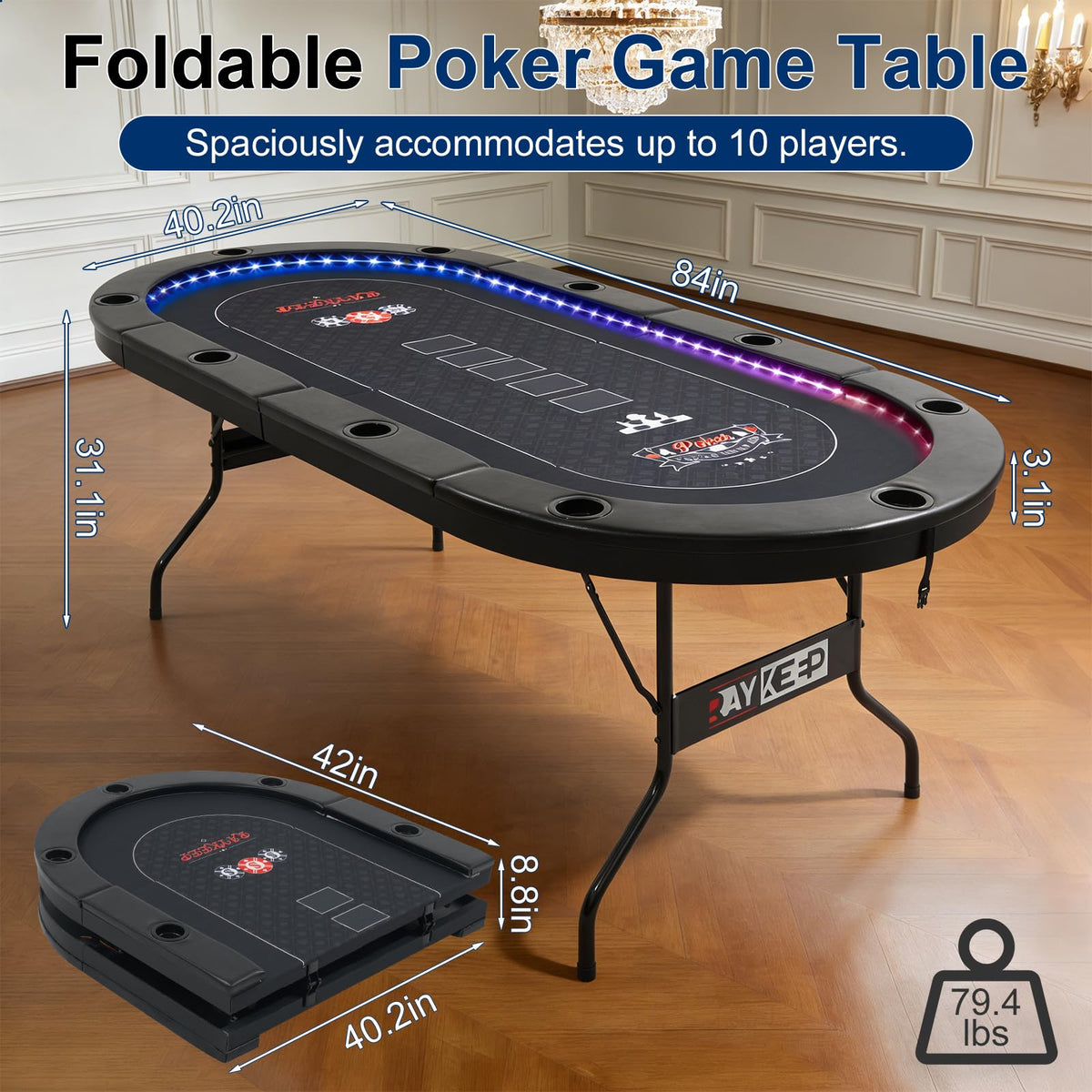 84" LED Poker Table for 10 Players – Foldable with Cup Holders