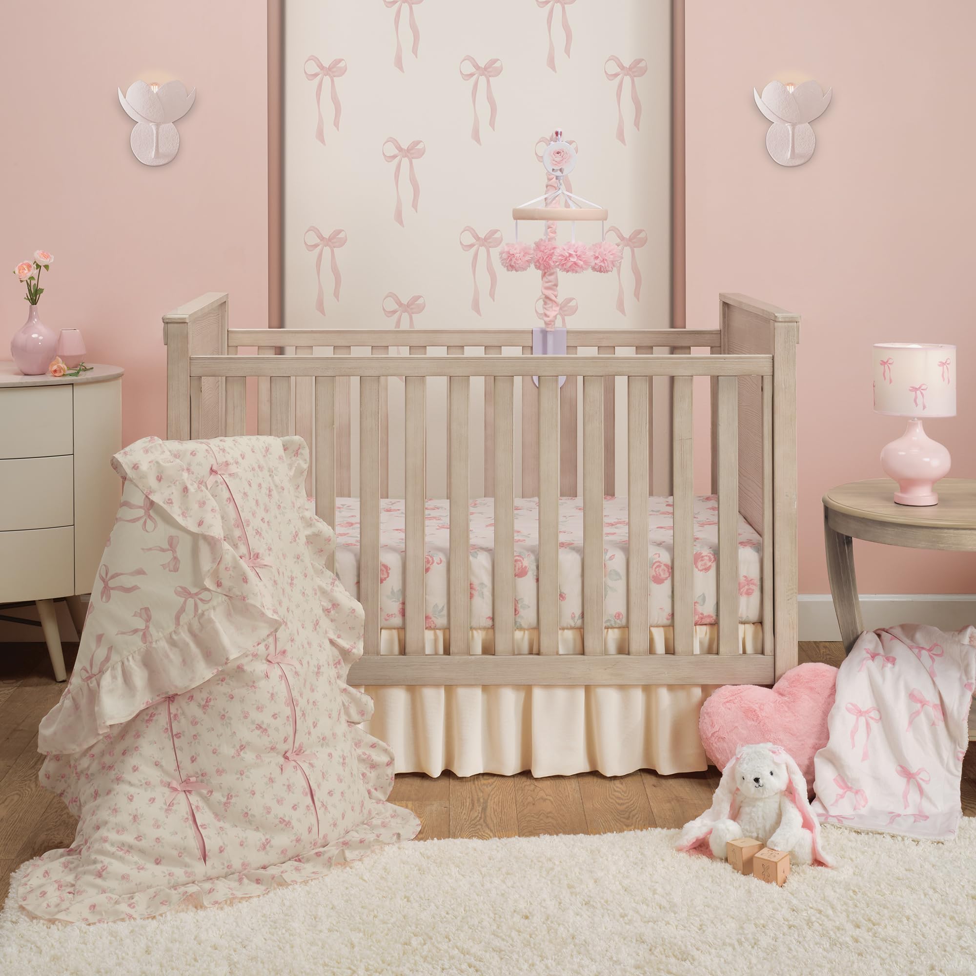 Coquette Floral Pink Bows Aesthetic 3-Piece Baby Crib Bedding Set