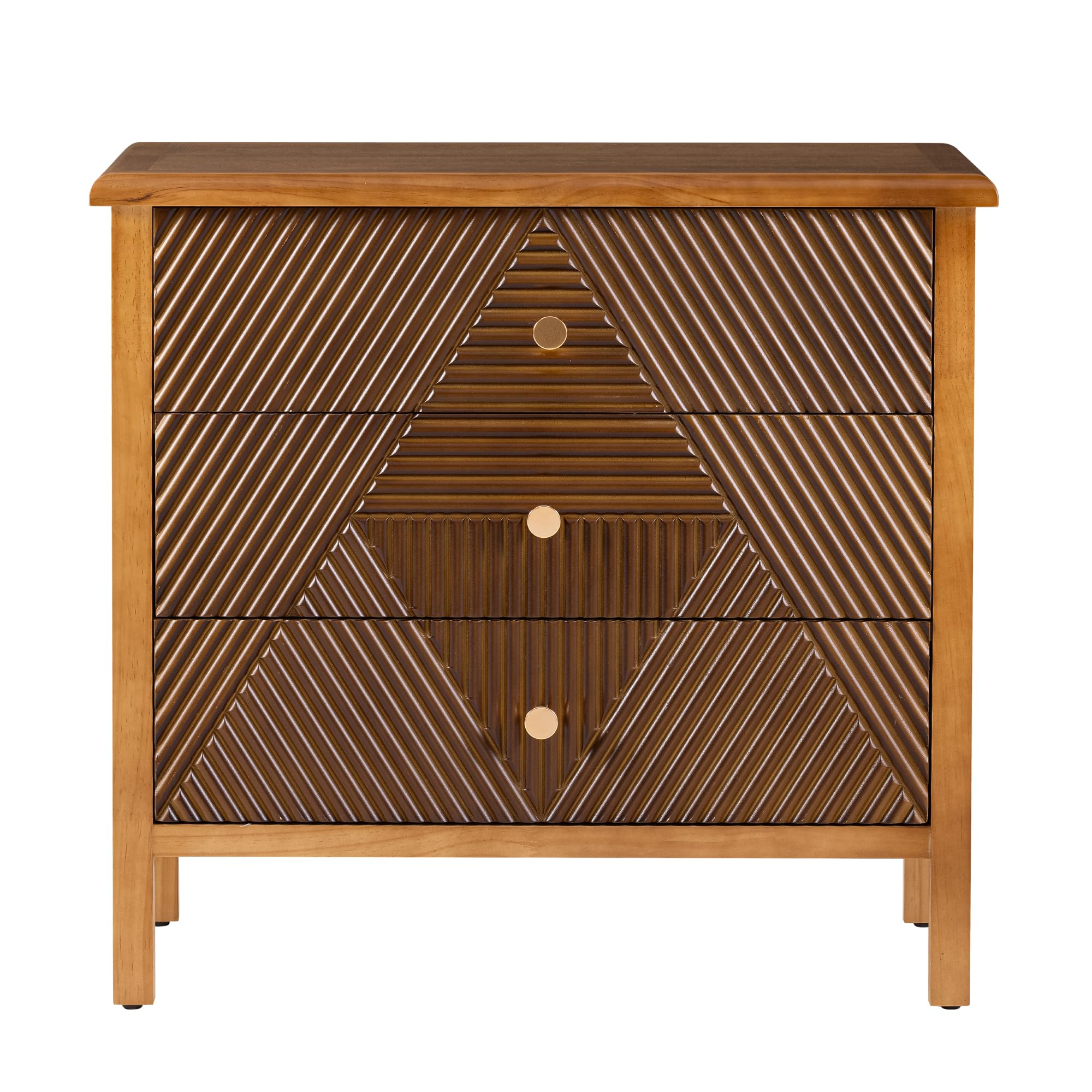 3 Drawer Fluted Dresser with Carved Geometric Pattern, Modern Nightstand