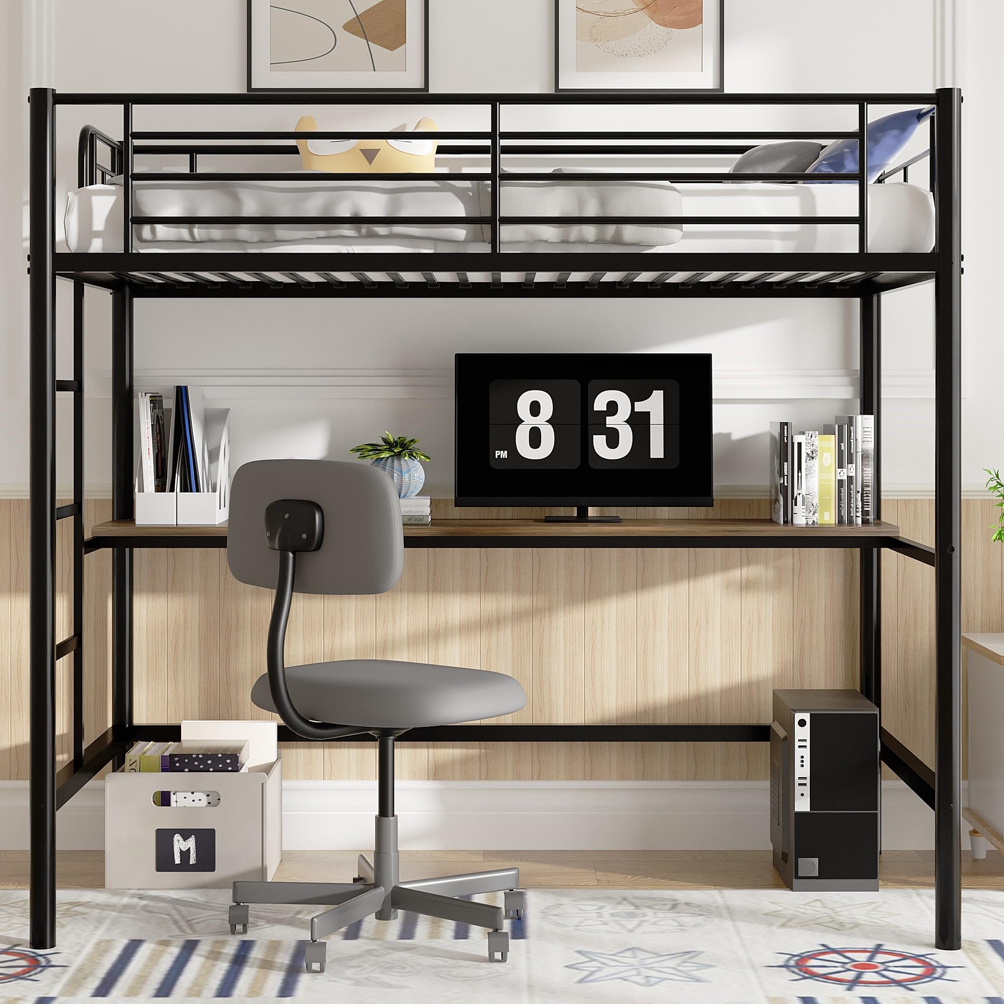 Loft Bed Twin Size with Desk, Metal Bedframe with Removable Ladder and Safety Guardrail
