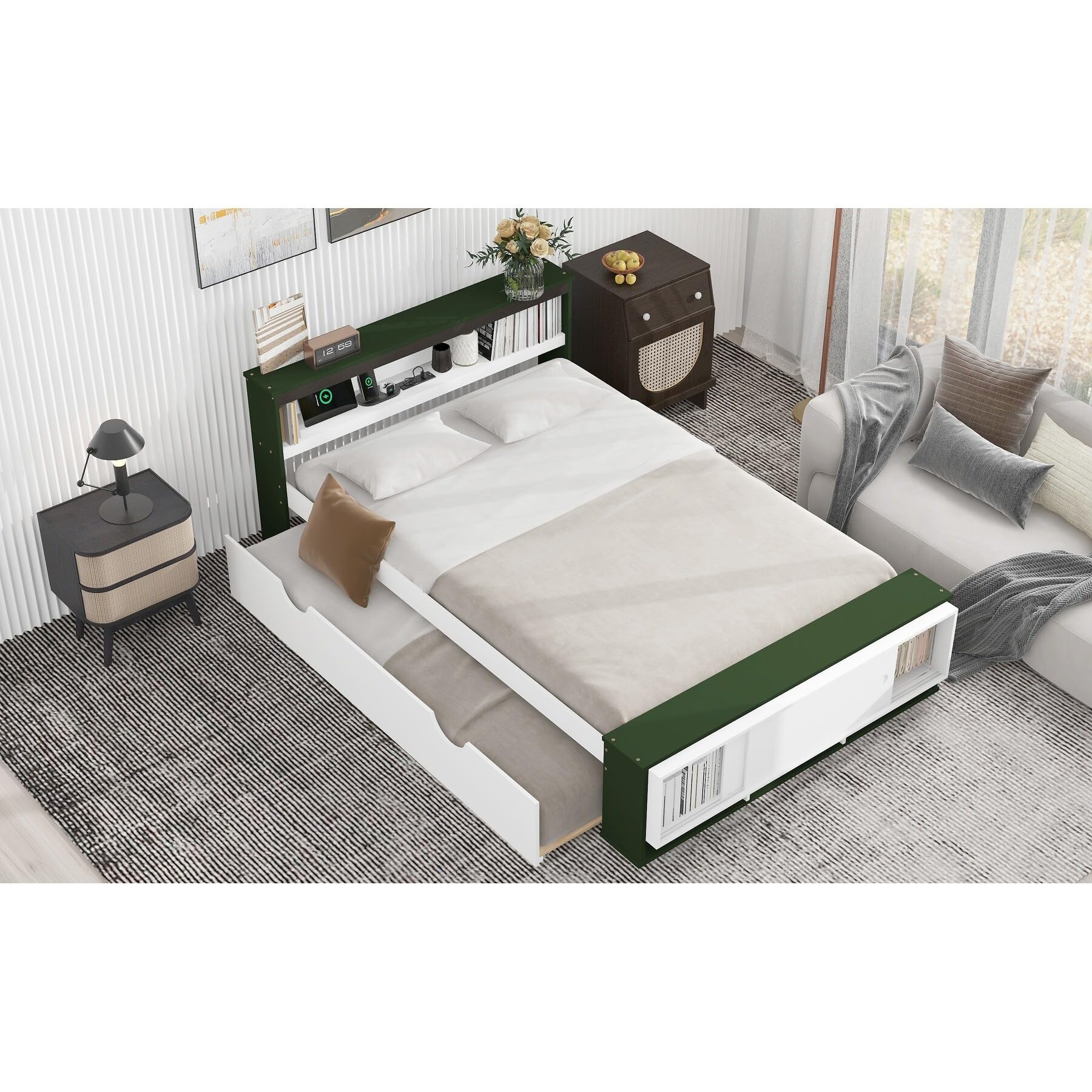 Full Size Platform Bed with Trundle,Storage Headboard and Footboard